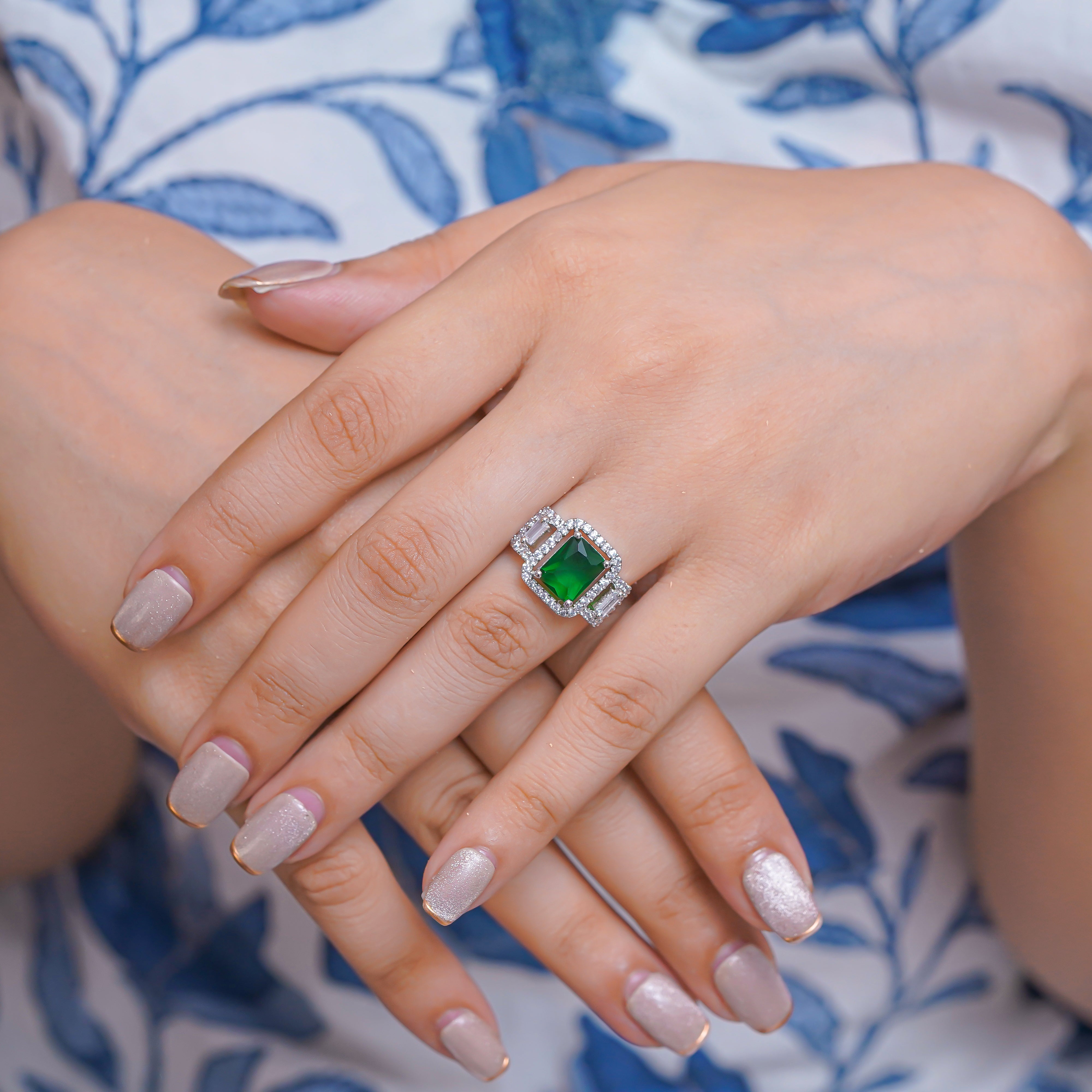 Stunning Green Square-Cut Crystal Accents Adjustable Ring For Women SR29