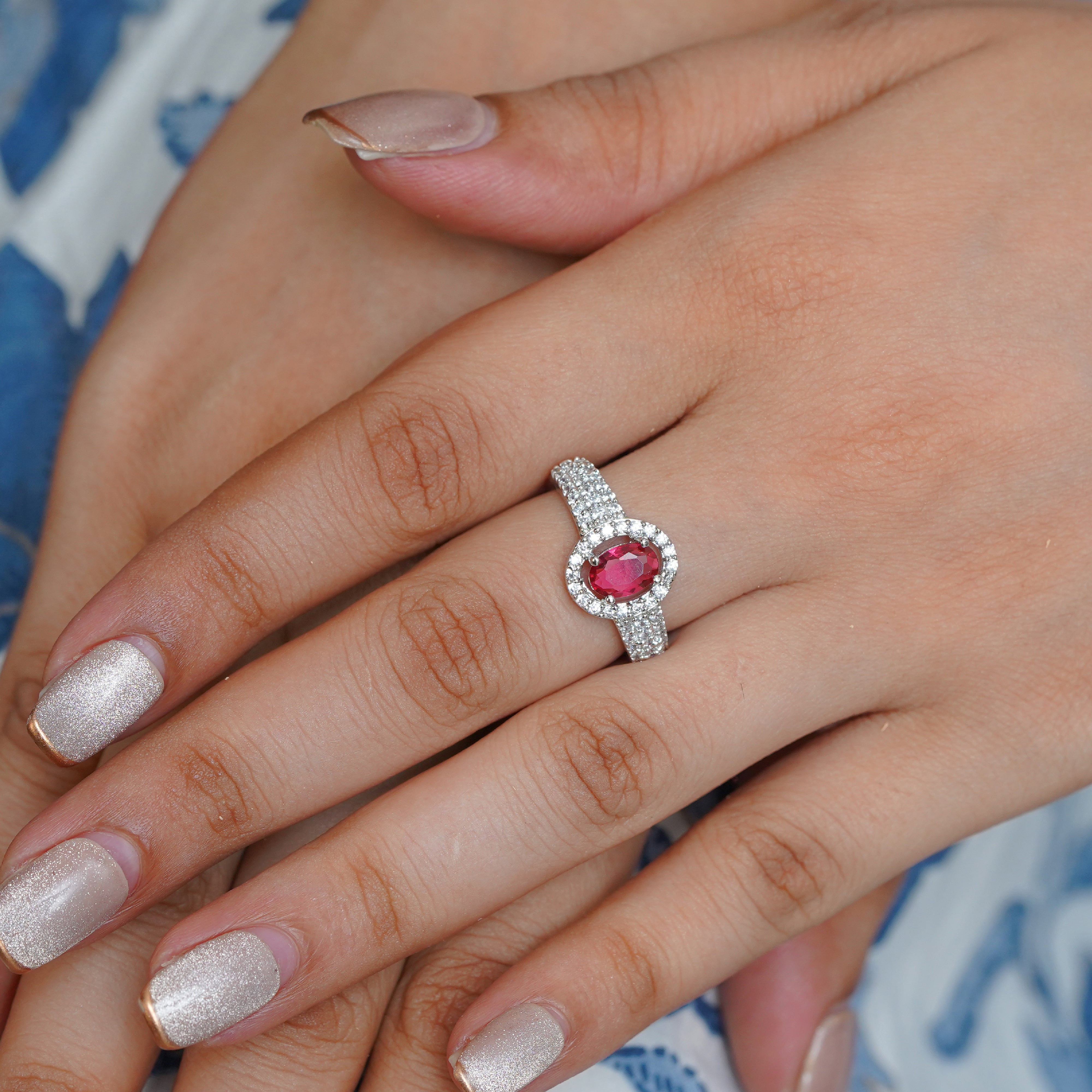 Stunning Red Oval with Crystal Accents Adjustable Ring For Women SR32