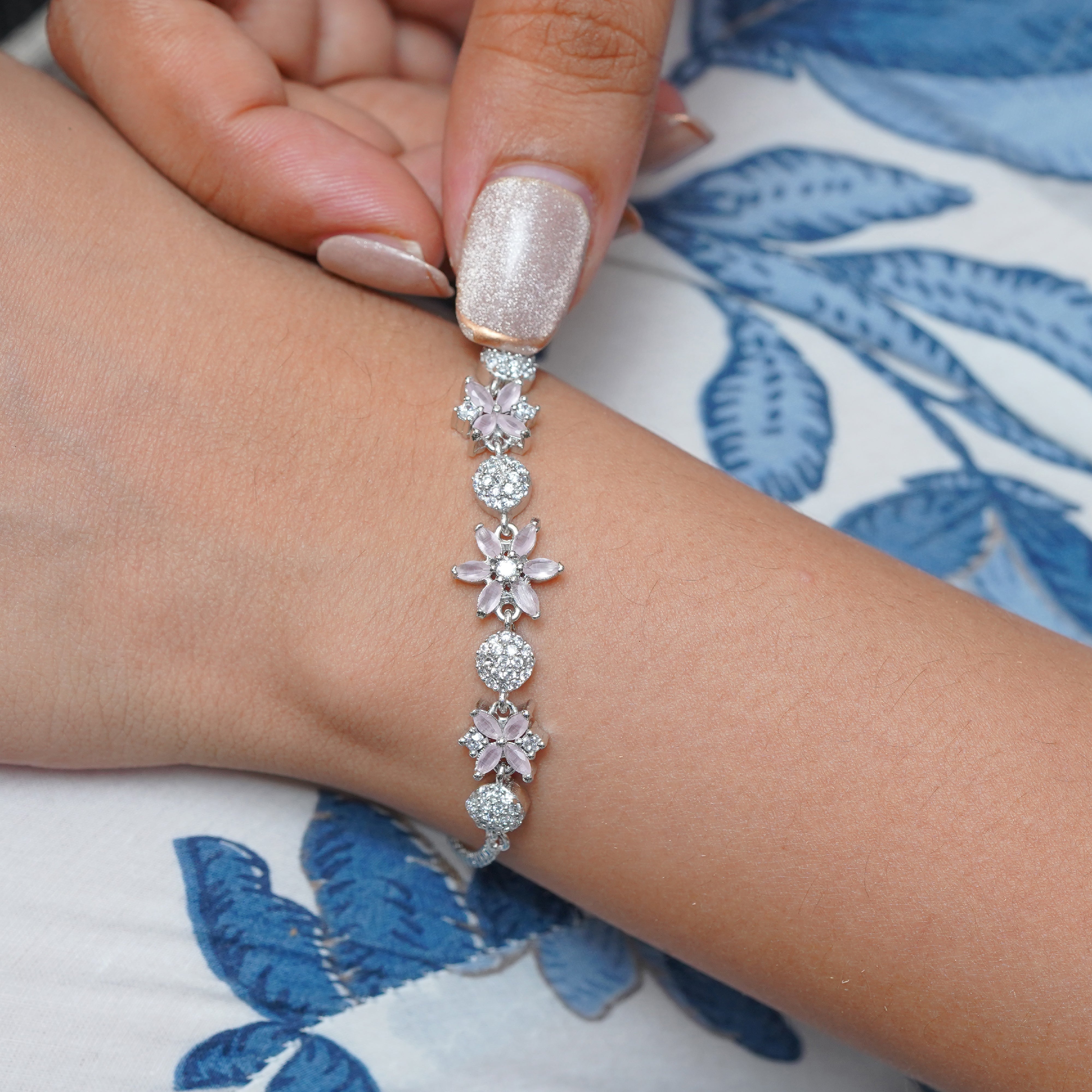 Delicate Light Pink Gemstone Floral Zircon Silver Bracelet for Women SBR1