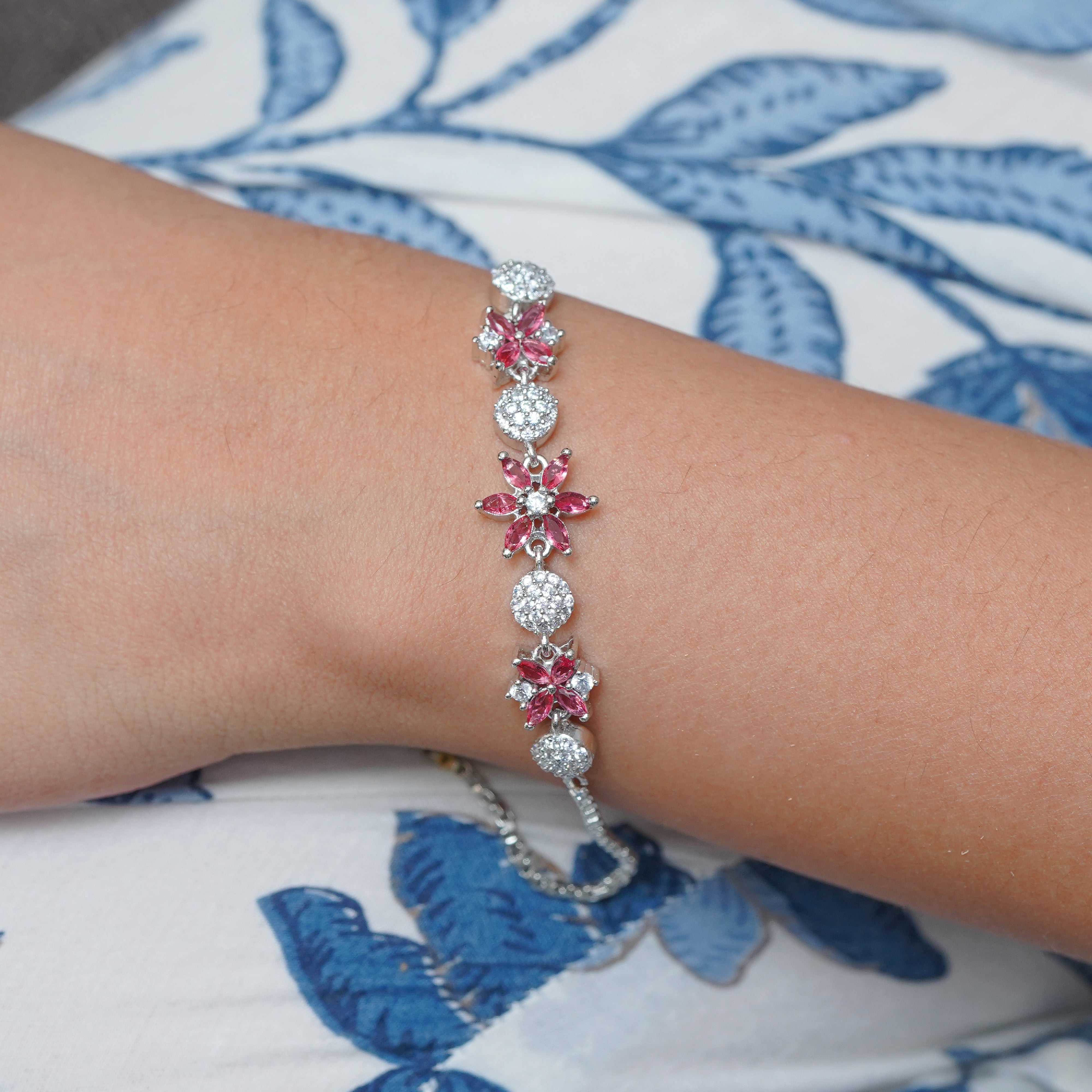 Delicate Pink Gemstone Floral Zircon Silver Bracelet for Women SBR1