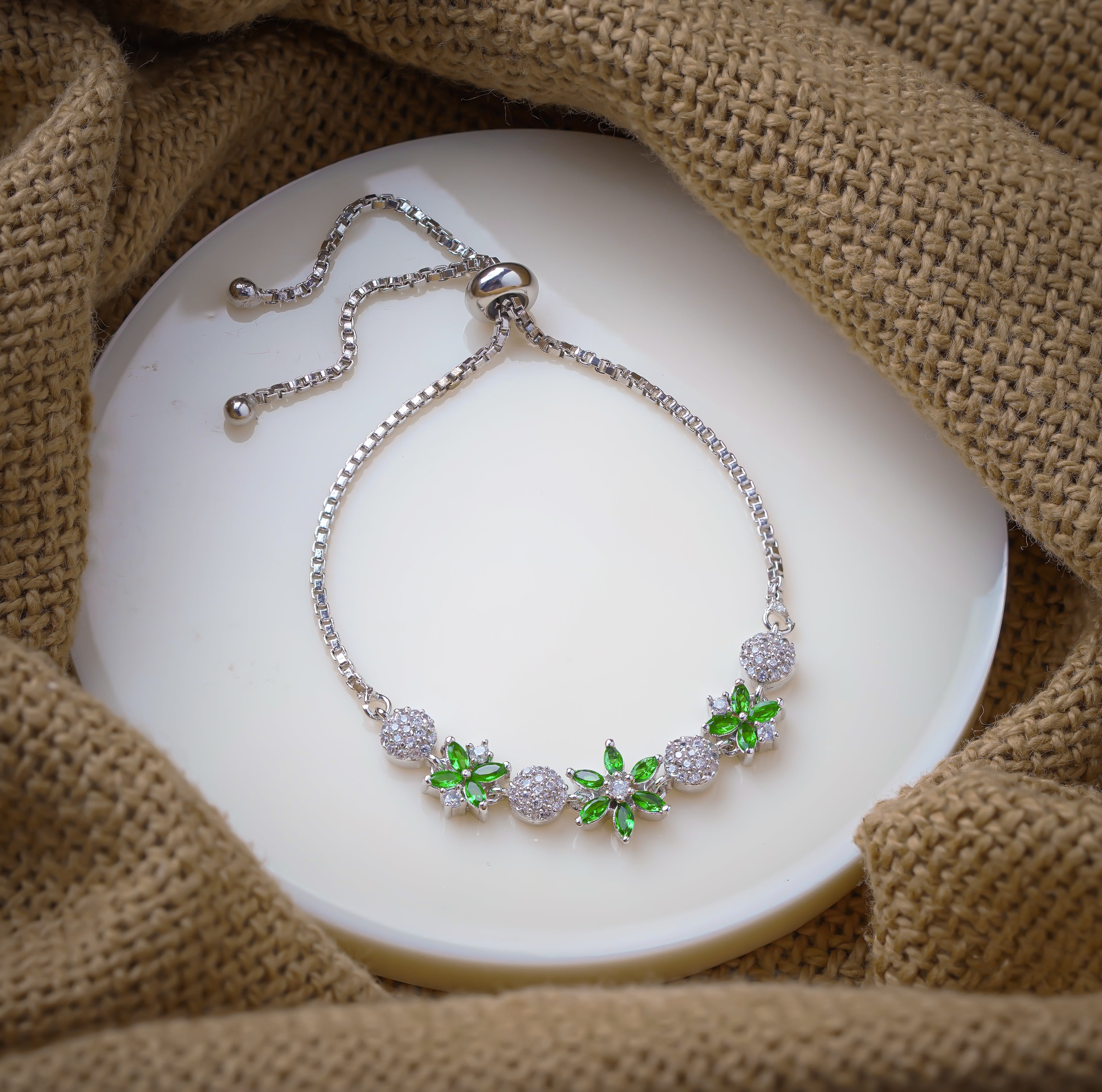 Delicate Green Gemstone Floral Zircon Silver Bracelet for Women SBR1