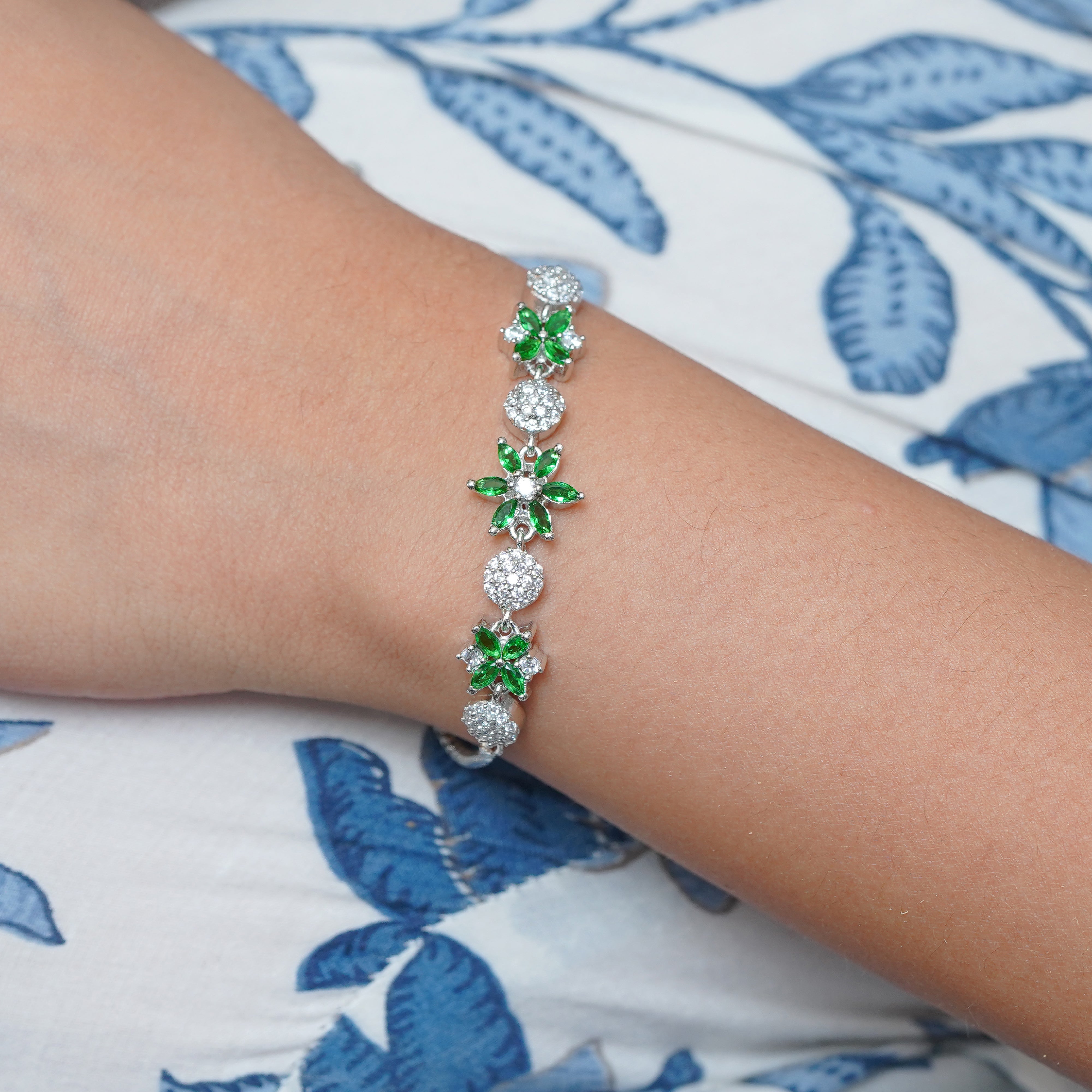 Delicate Green Gemstone Floral Zircon Silver Bracelet for Women SBR1