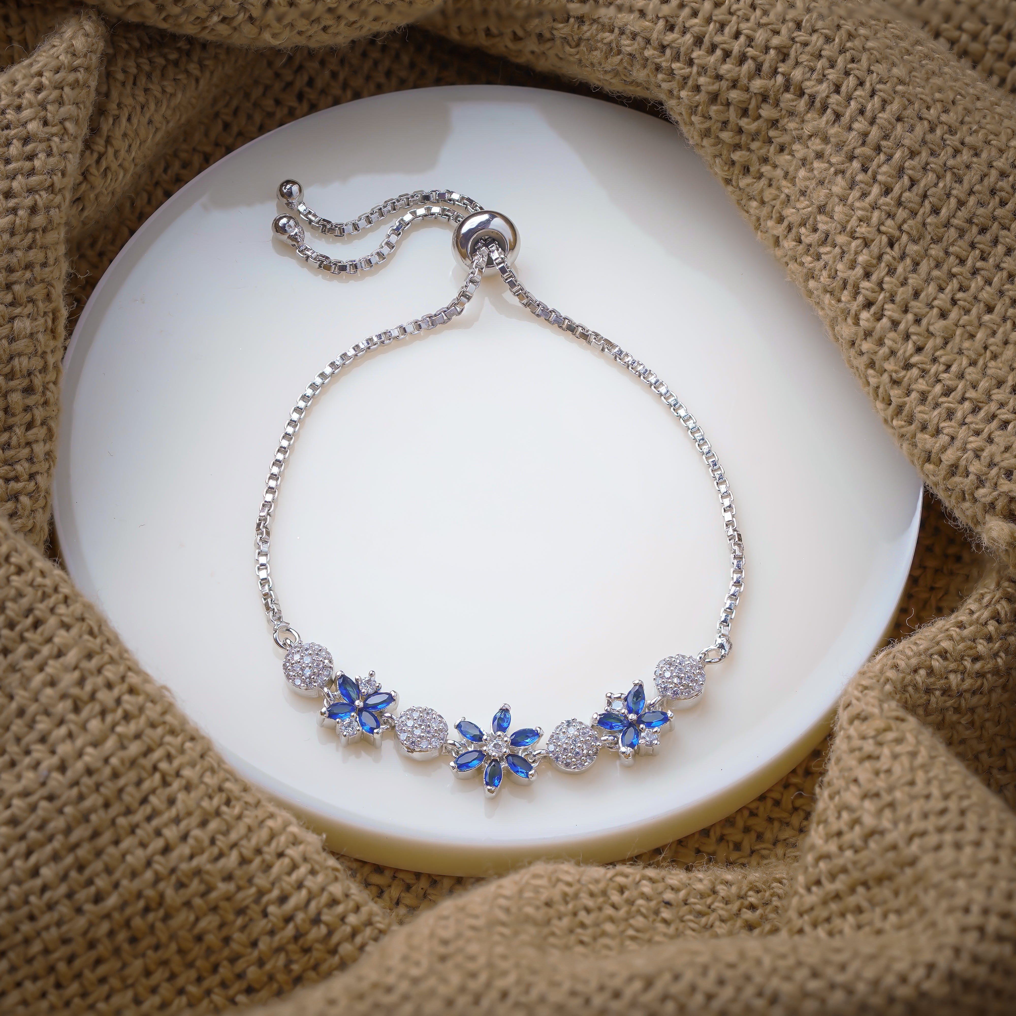 Delicate Blue Gemstone Floral Zircon Silver Bracelet for Women SBR1