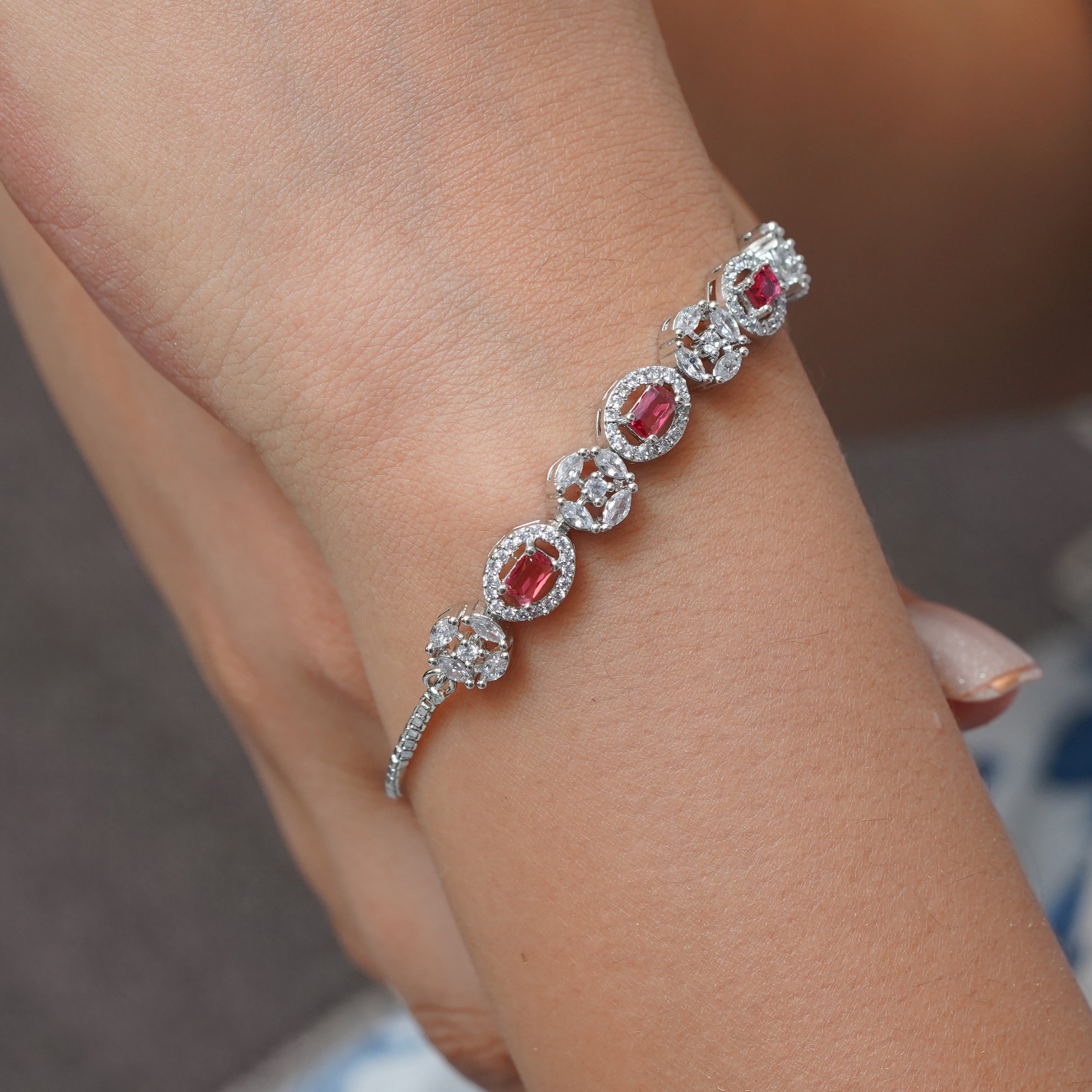 Exquisite Red Stone Silver Bracelet Elegance by SELAYA SBR3