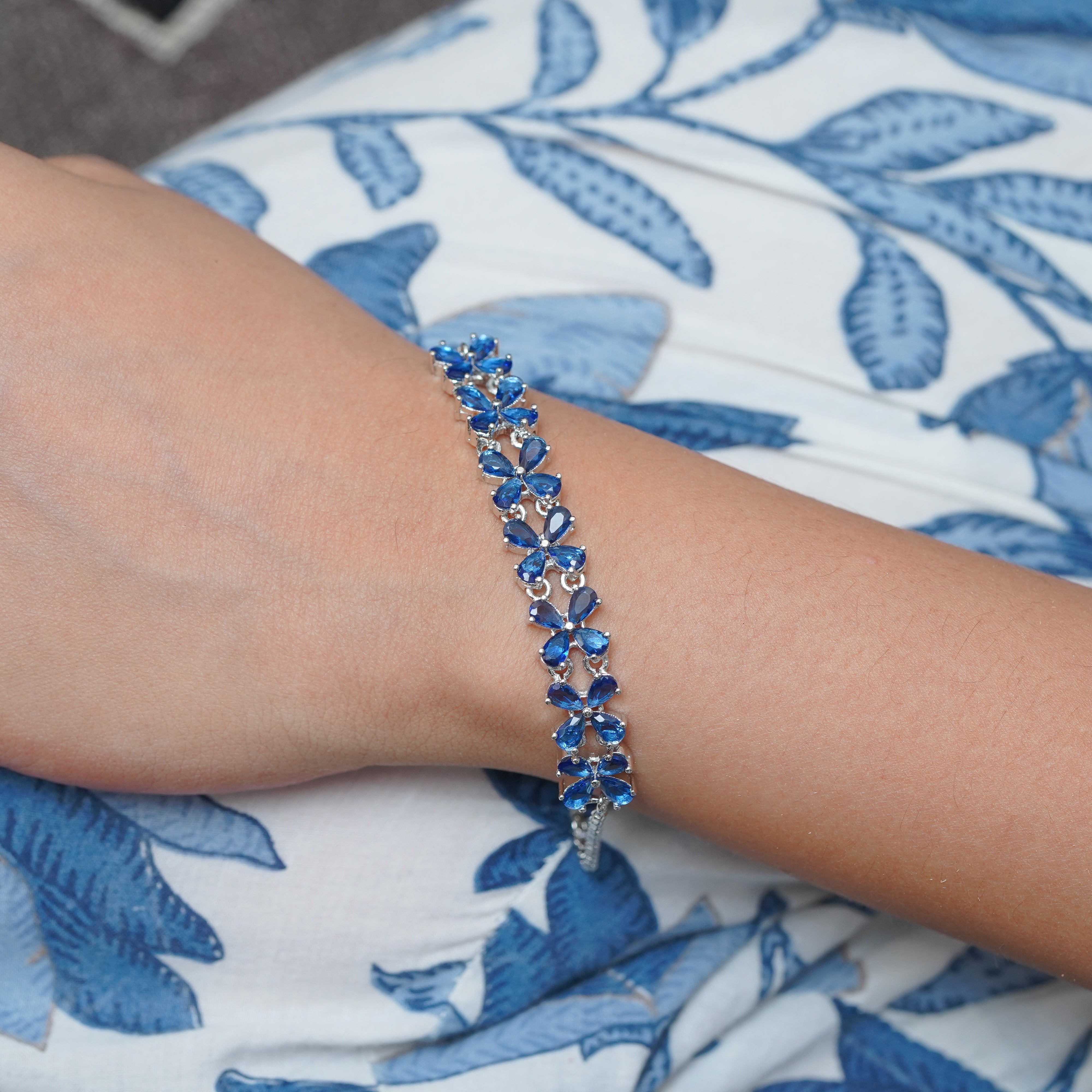 Elegant Blue Floral Silver Bracelet  Charm by SELAYA SBR6