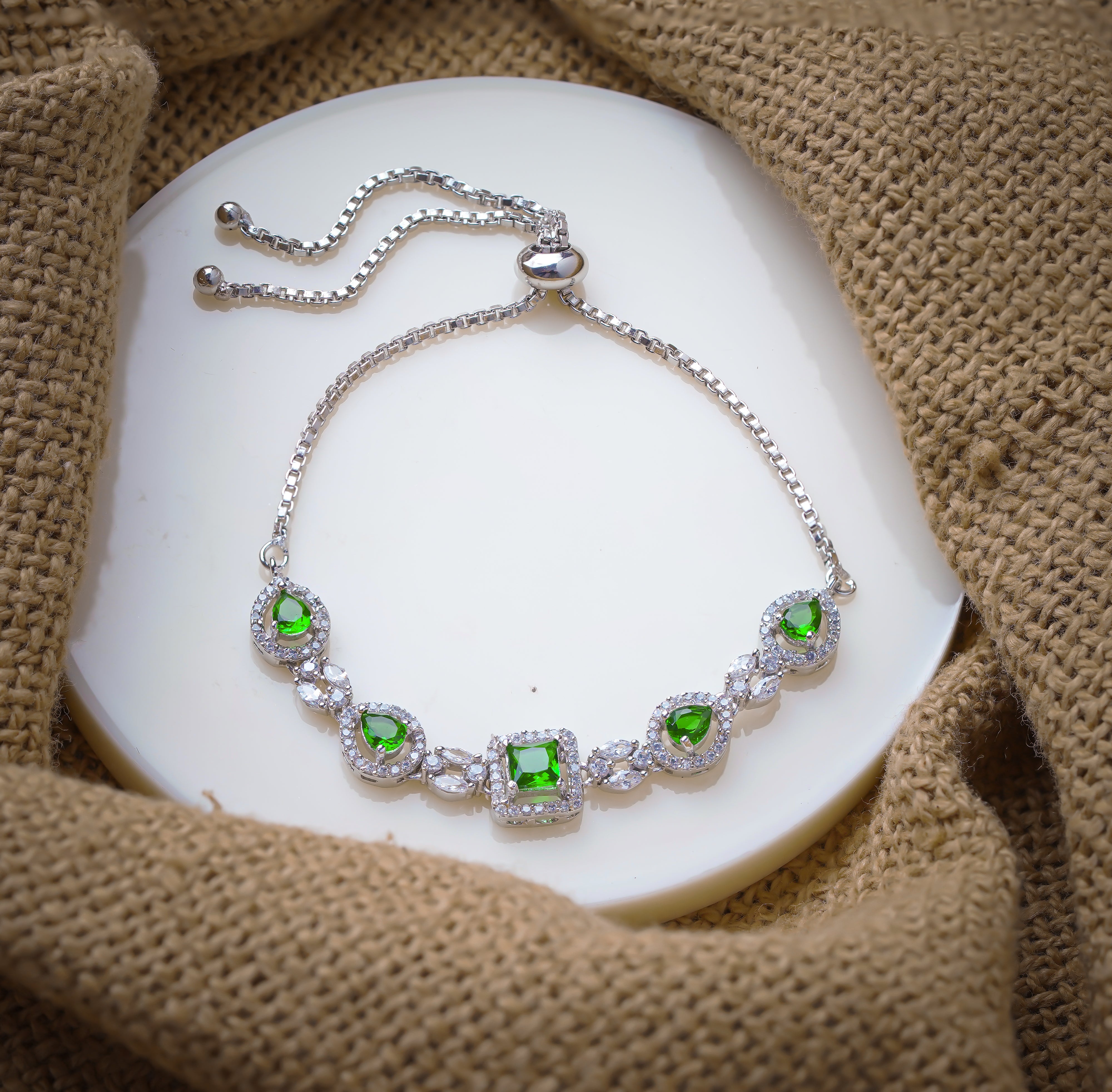 Emerald Elegance Adjustable Silver Bracelet - Charm by SELAYA