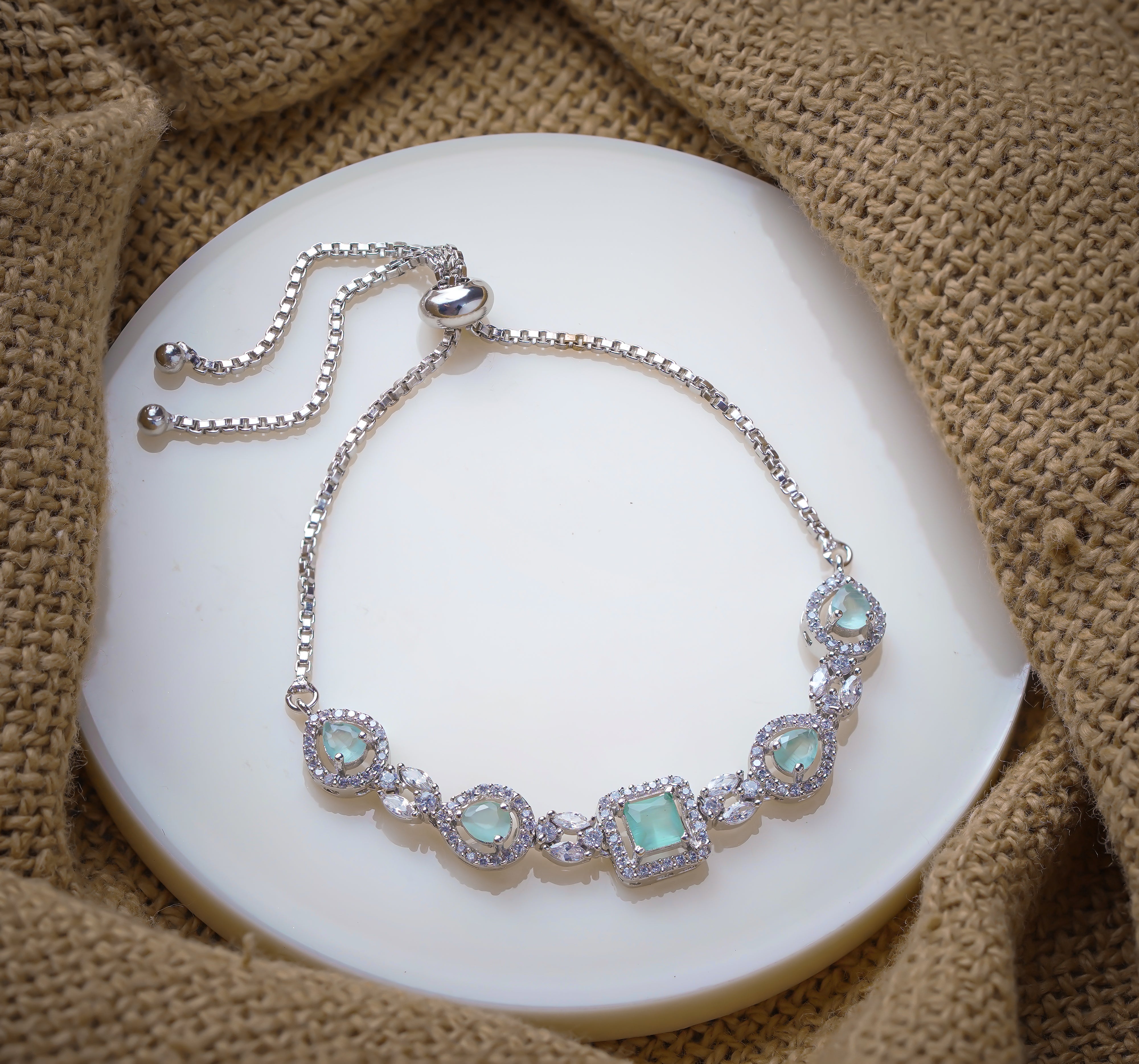 Elegant Mint Green Adjustable Silver Bracelet - SELAYA Glamour Collection