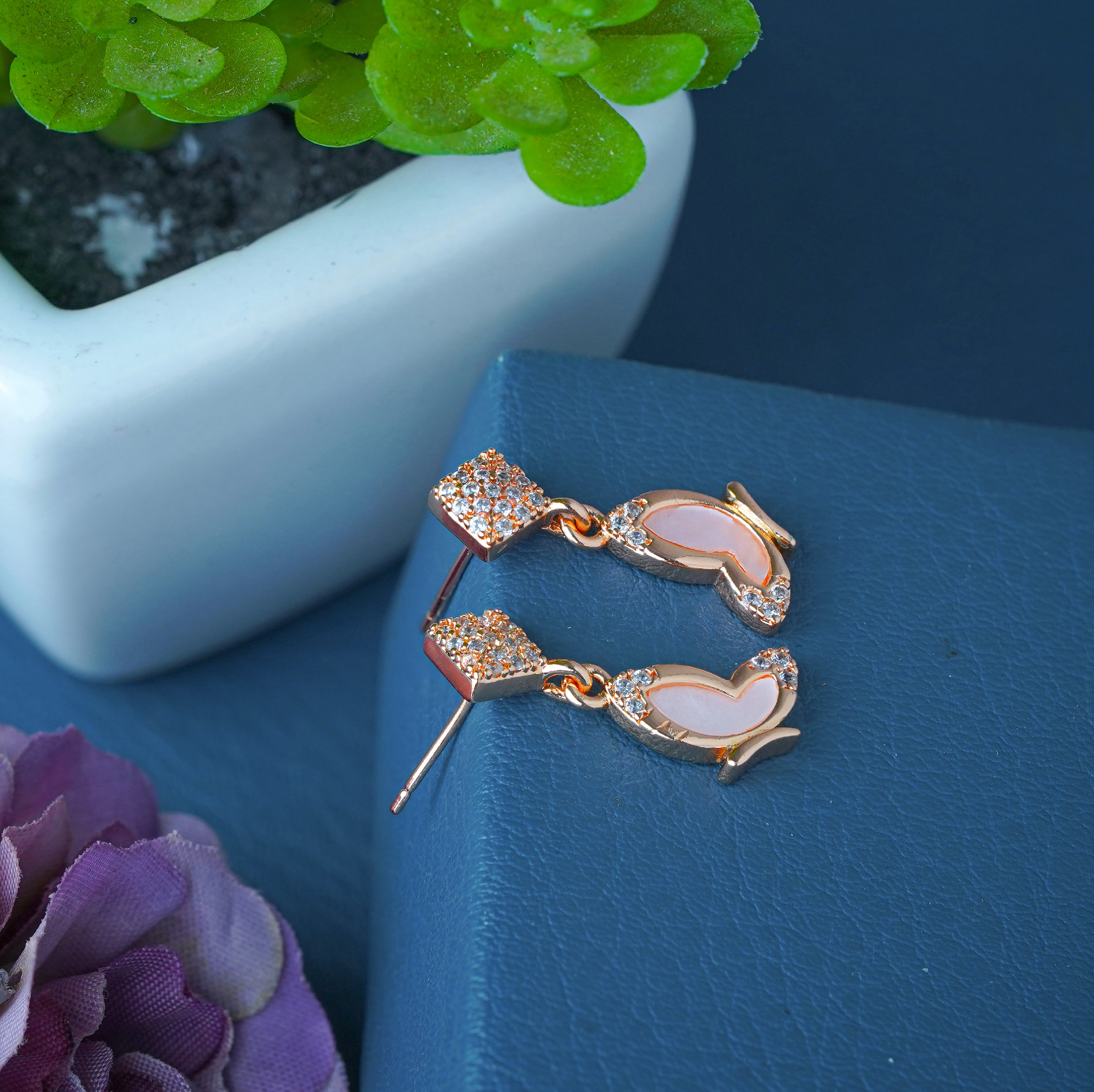 Elegant Rose Gold Butterfly Drop Earrings with Sparkling Crystals SE28