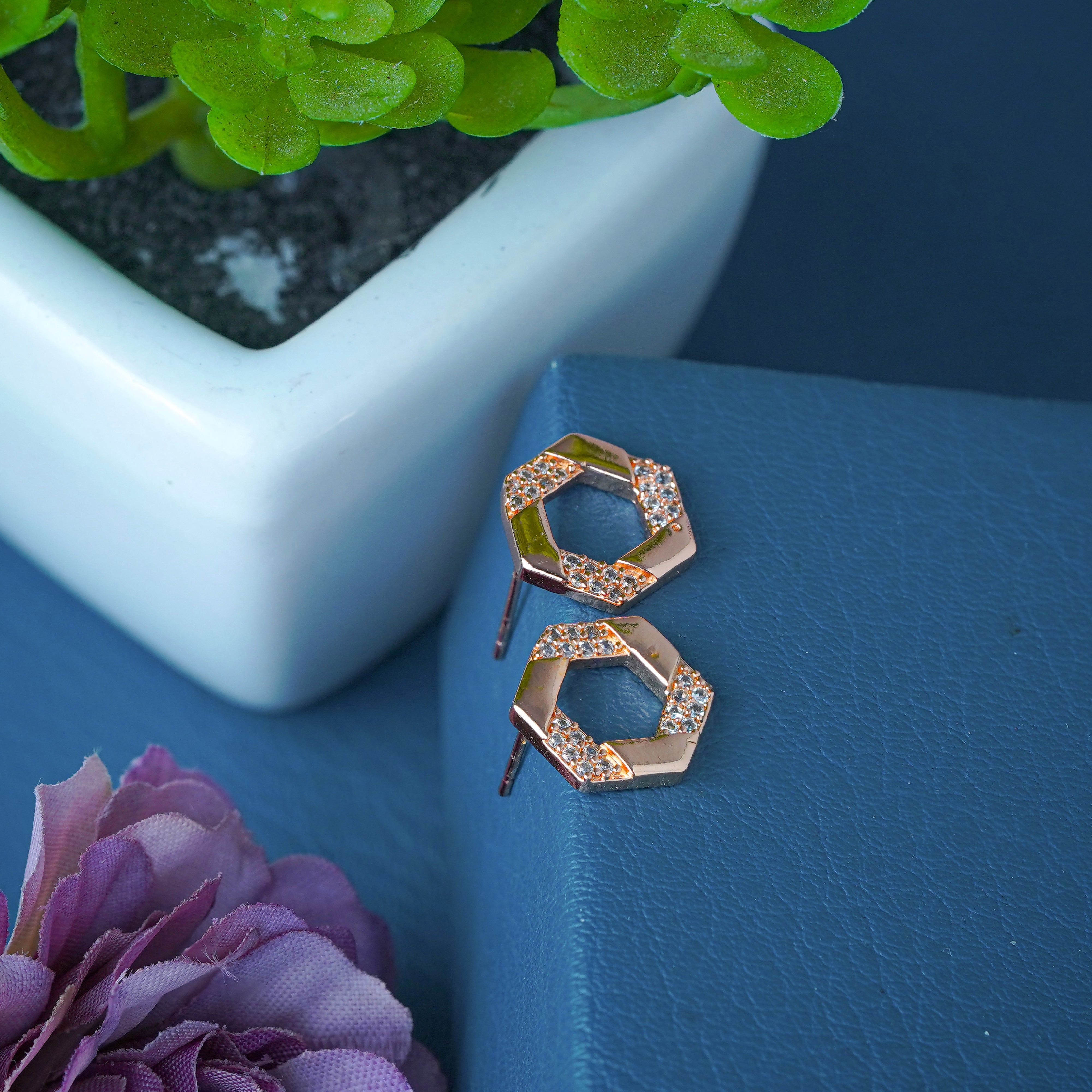 Chic Rose Gold Hexagon Crystal Stud Earrings for Women SE34