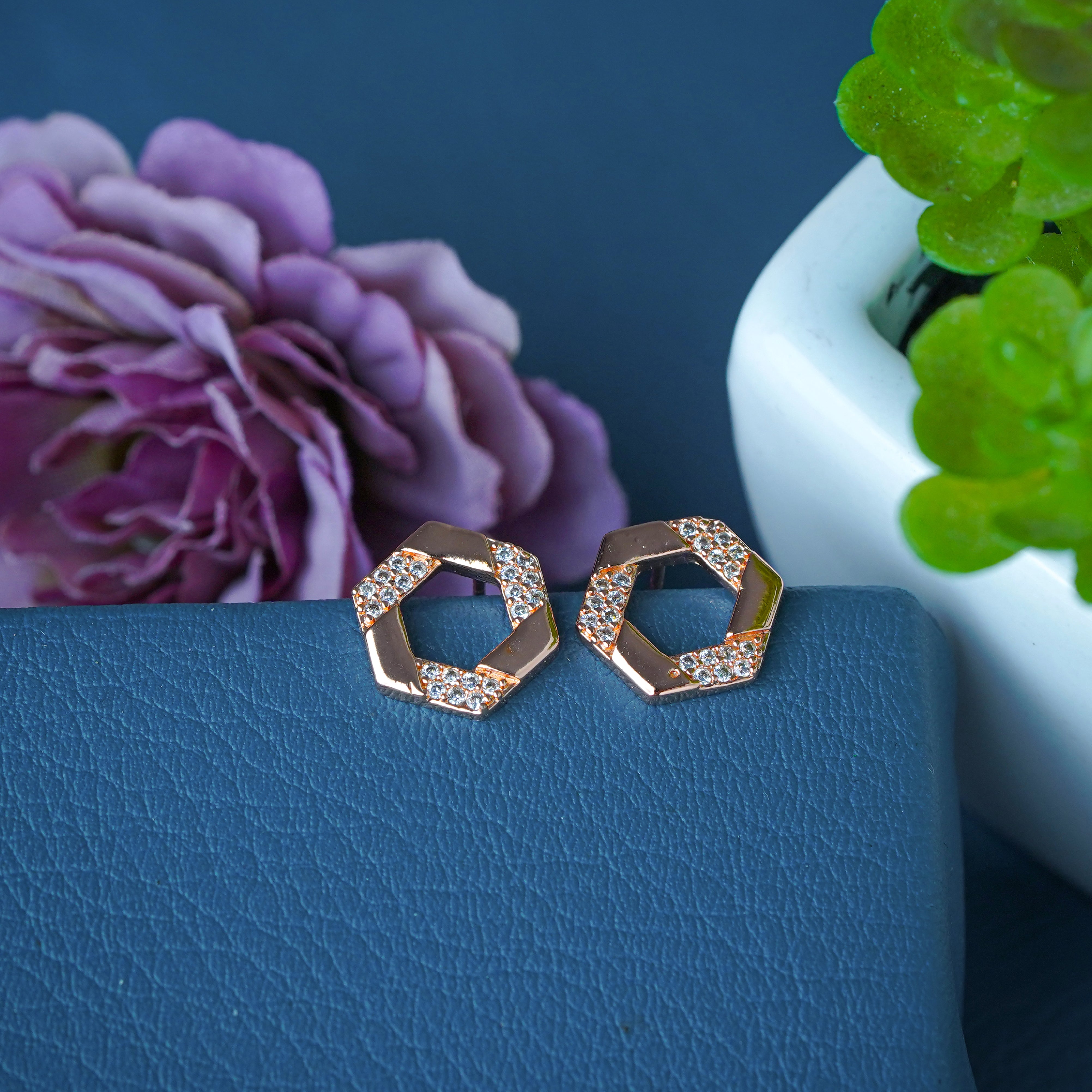 Chic Rose Gold Hexagon Crystal Stud Earrings for Women SE34