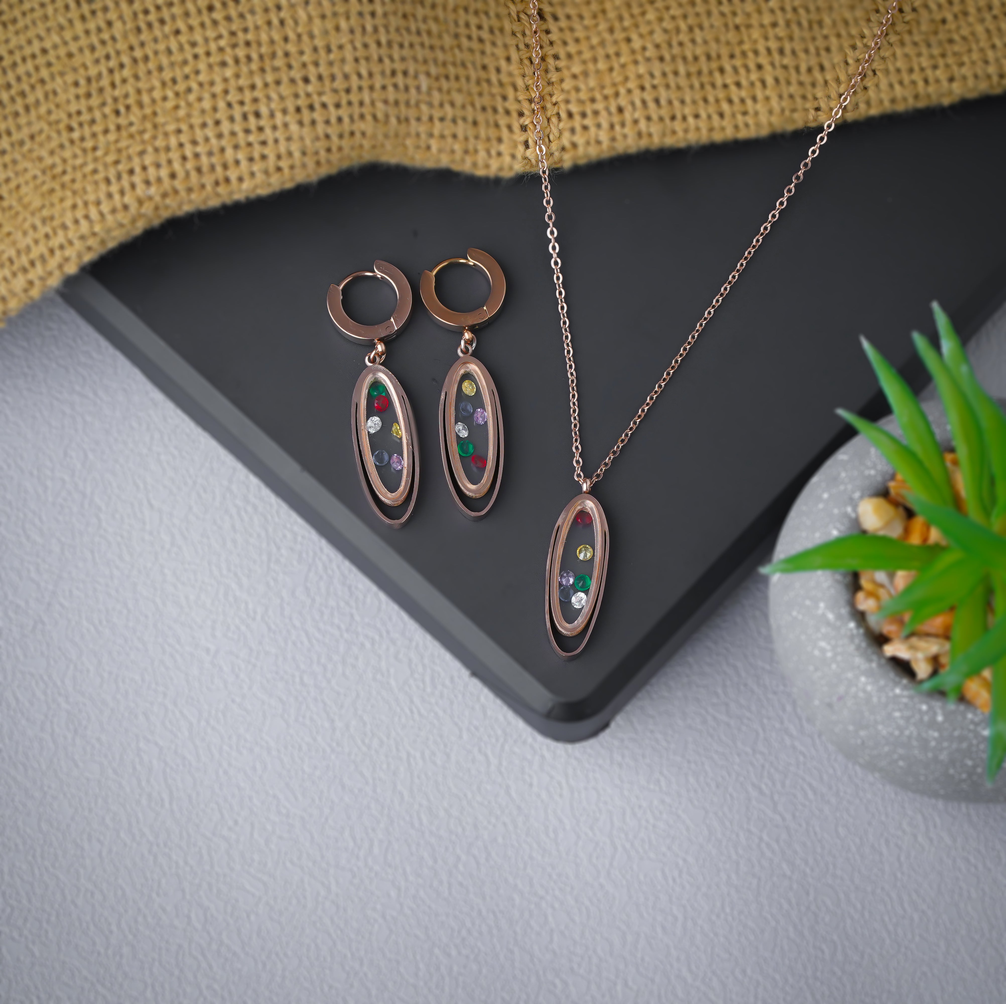 Rose Gold Multi-Gemstone Pendant Set with Matching Earrings SNC11