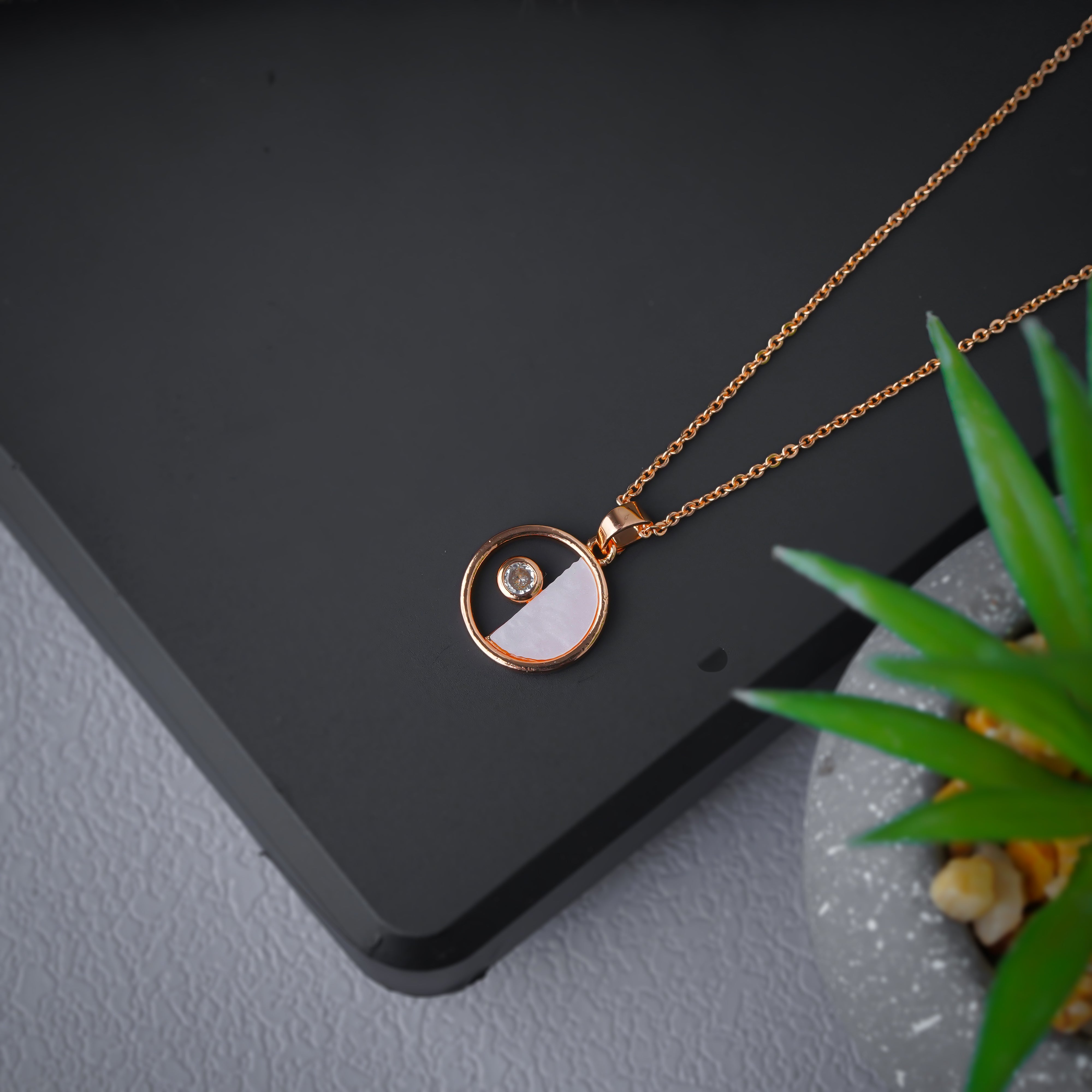 Rose Gold-Plated Semi-Circular Pendant Necklace with Crystal Accent SNC16