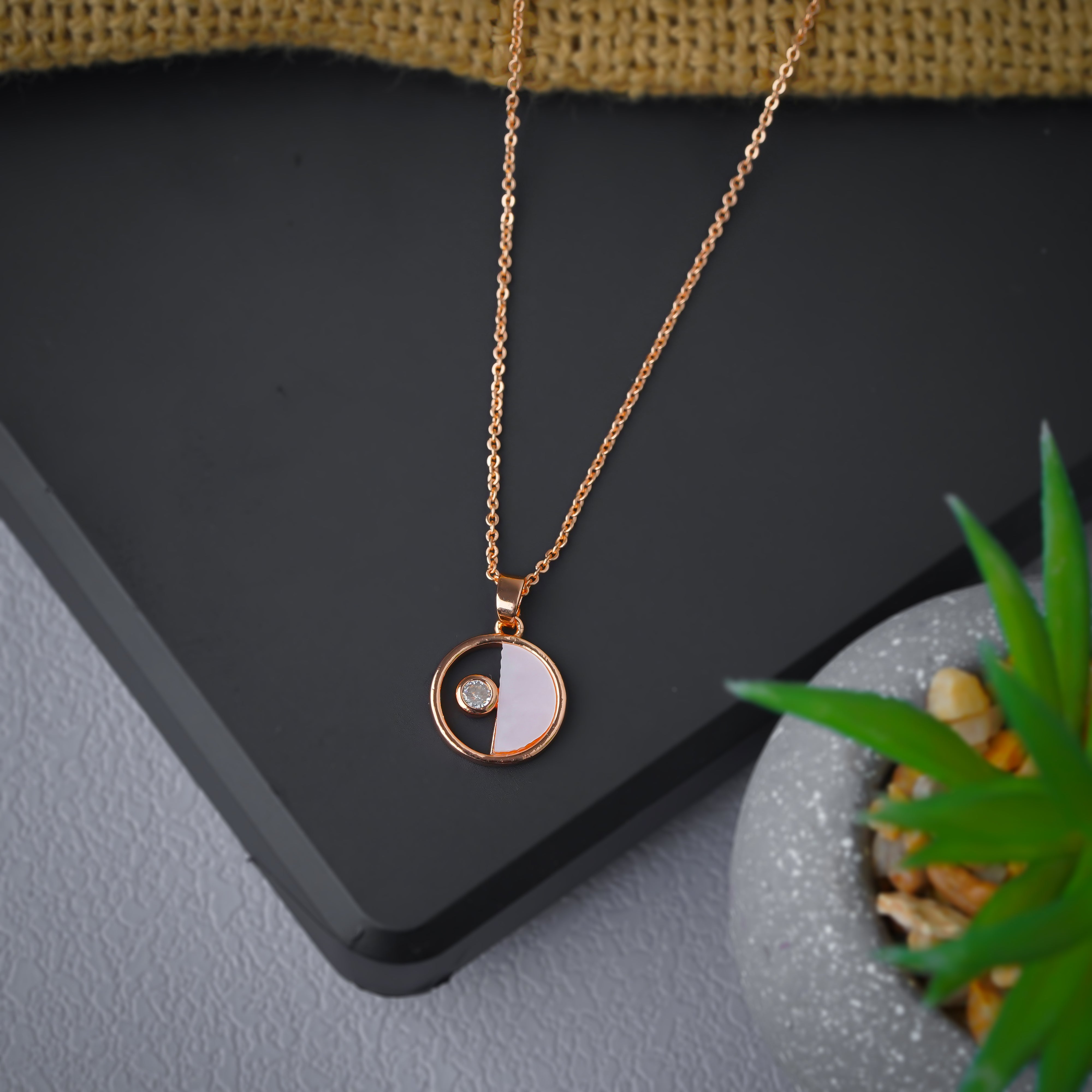 Rose Gold-Plated Semi-Circular Pendant Necklace with Crystal Accent SNC16