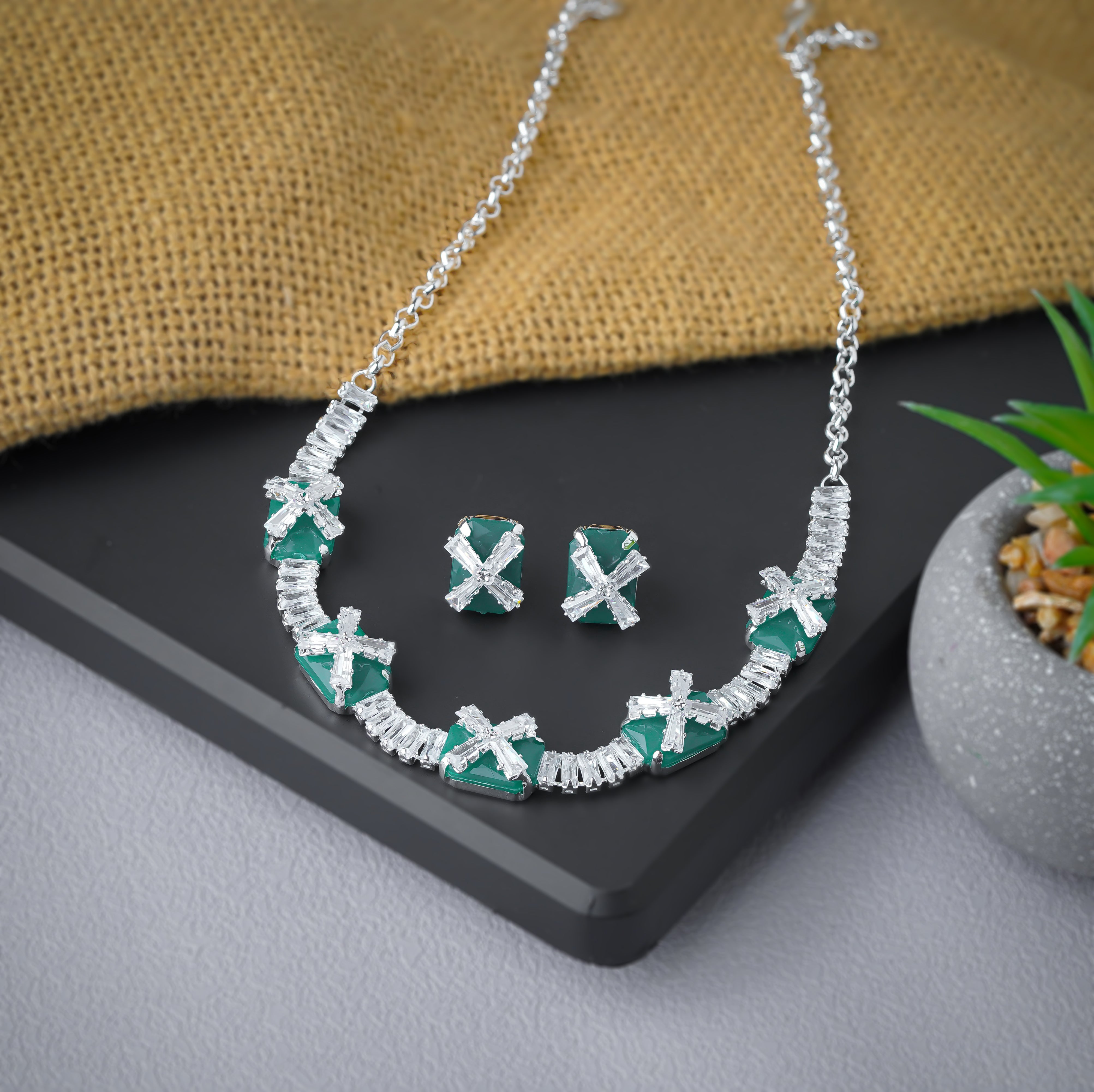 Elegant Green Gemstone Necklace with Matching Earrings Set For Women SNC17