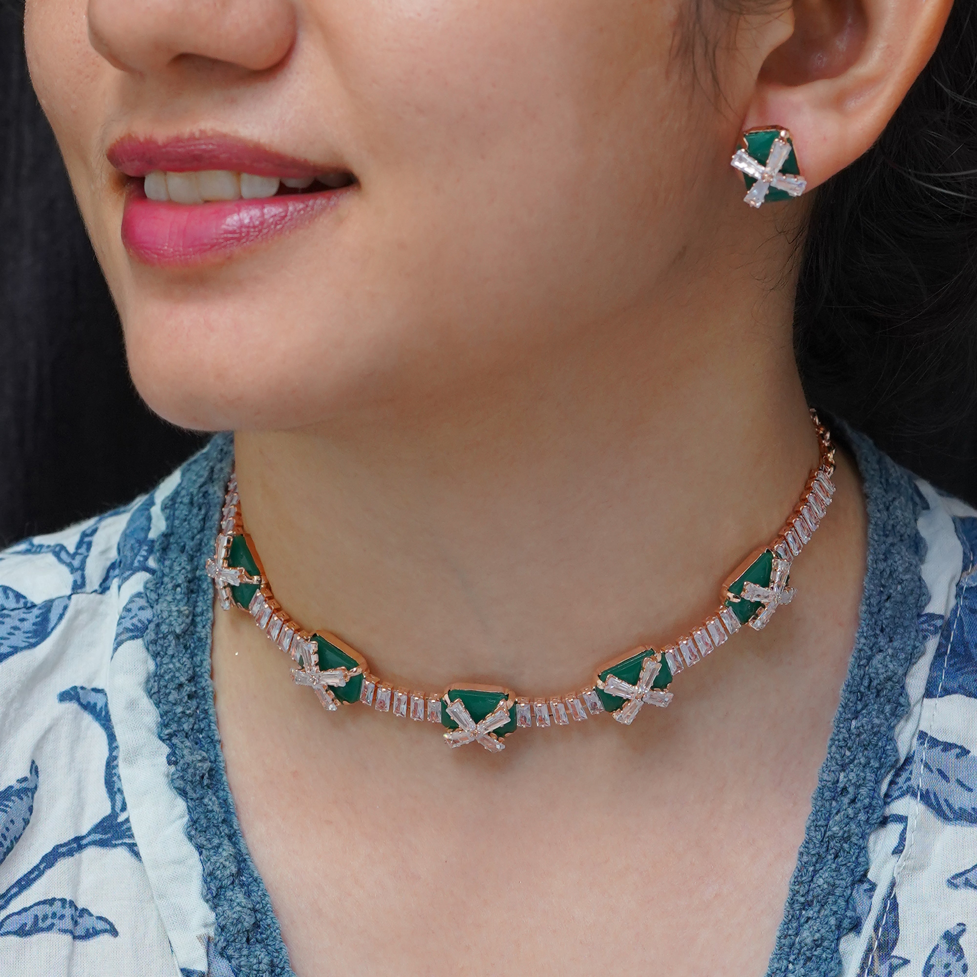 Elegant Green and Rose Gold Crystal Necklace and Earrings Set For Women SNC18