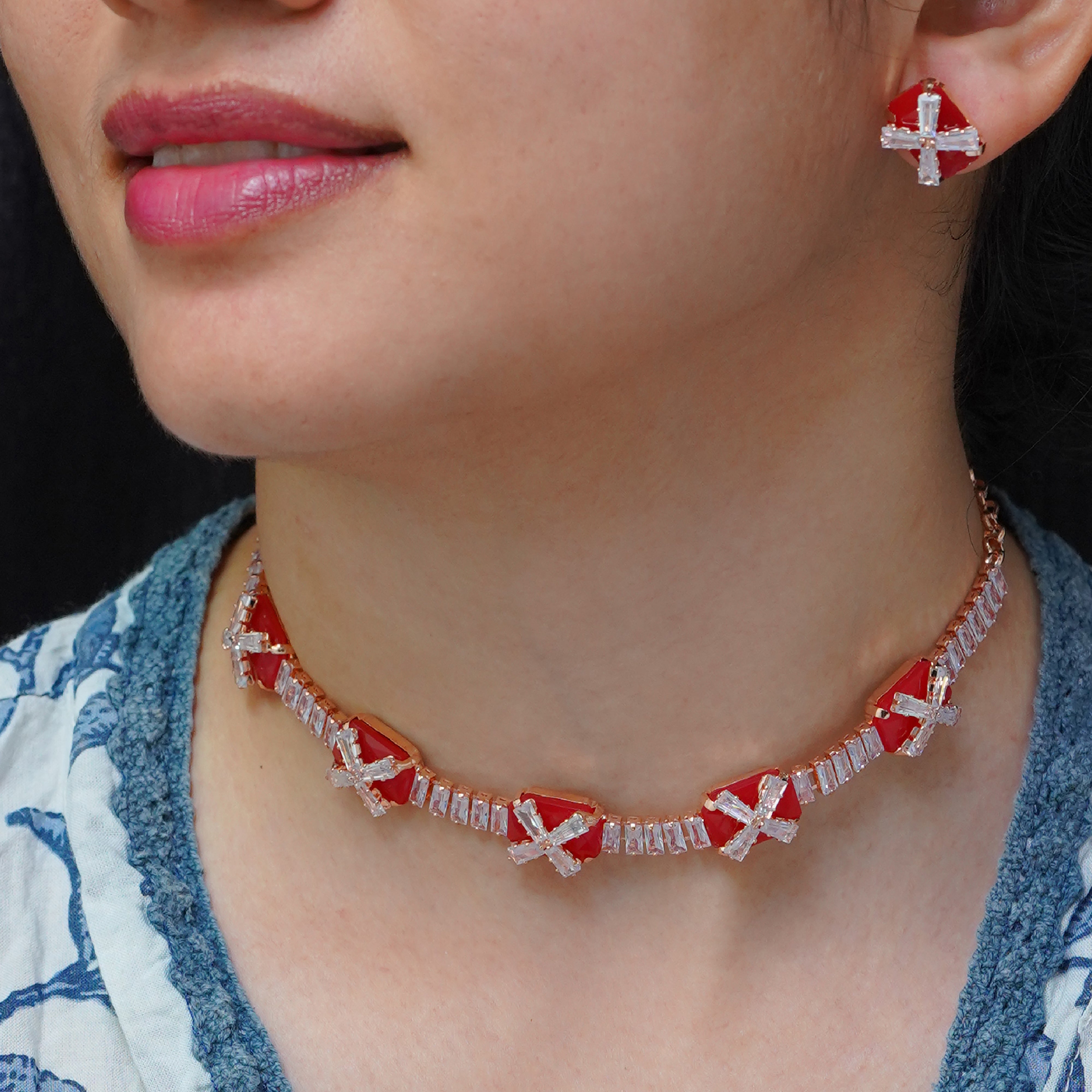 Vibrant Red and Clear Crystal Necklace and Earrings Set For Women SNC21