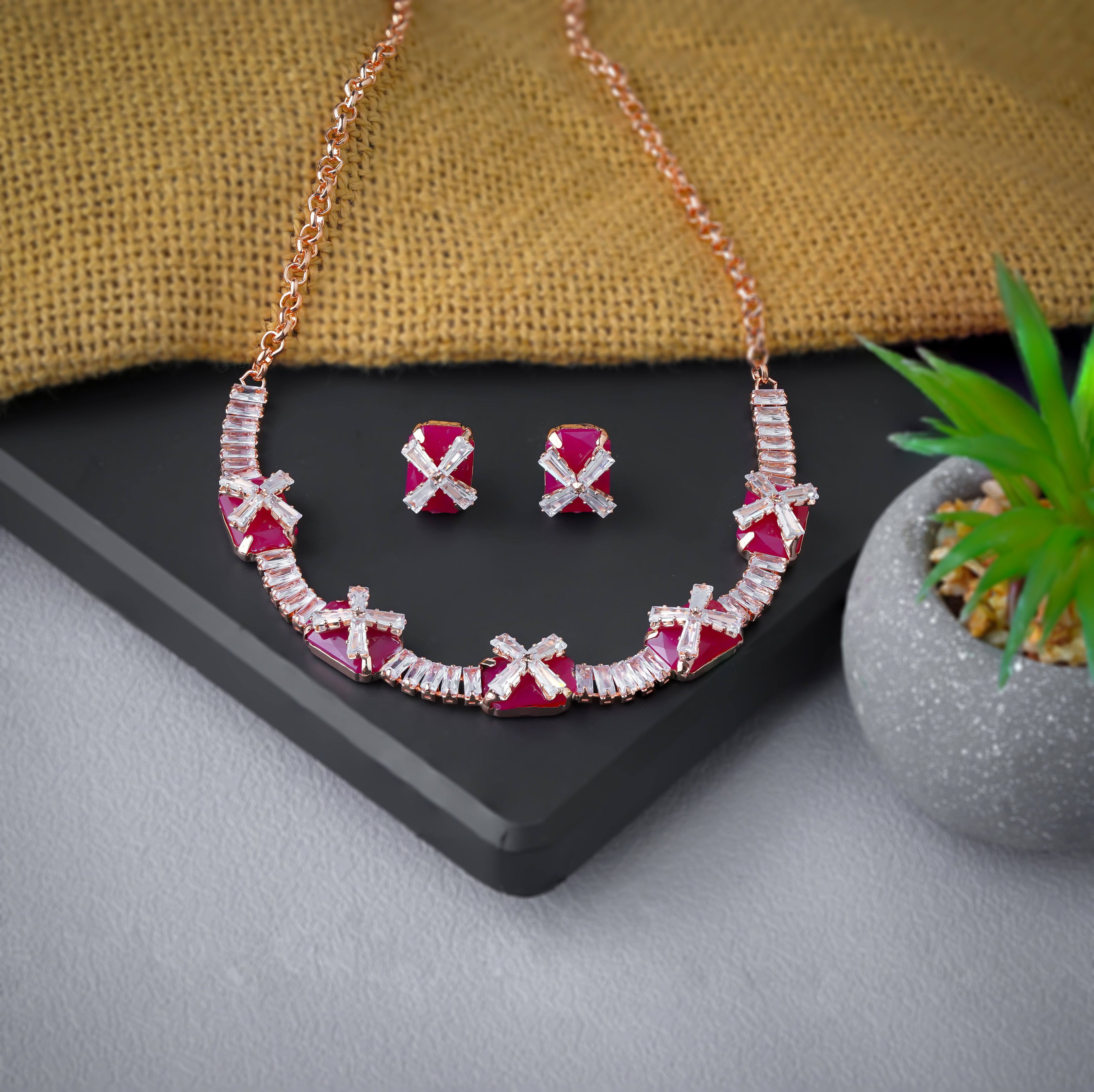 Charming Ruby Red and Clear Crystal Necklace and Earrings Set For Women SNC22