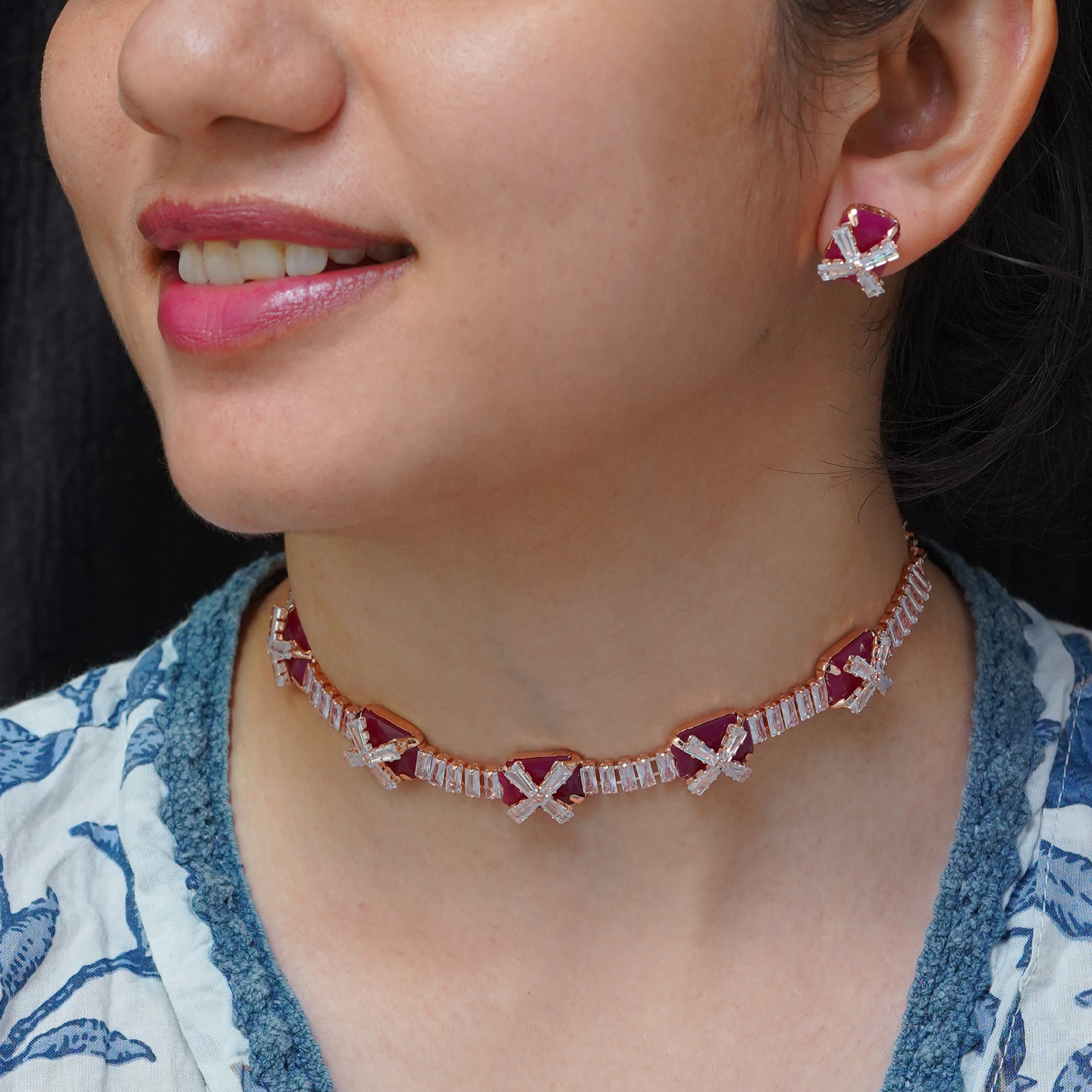 Charming Ruby Red and Clear Crystal Necklace and Earrings Set For Women SNC22