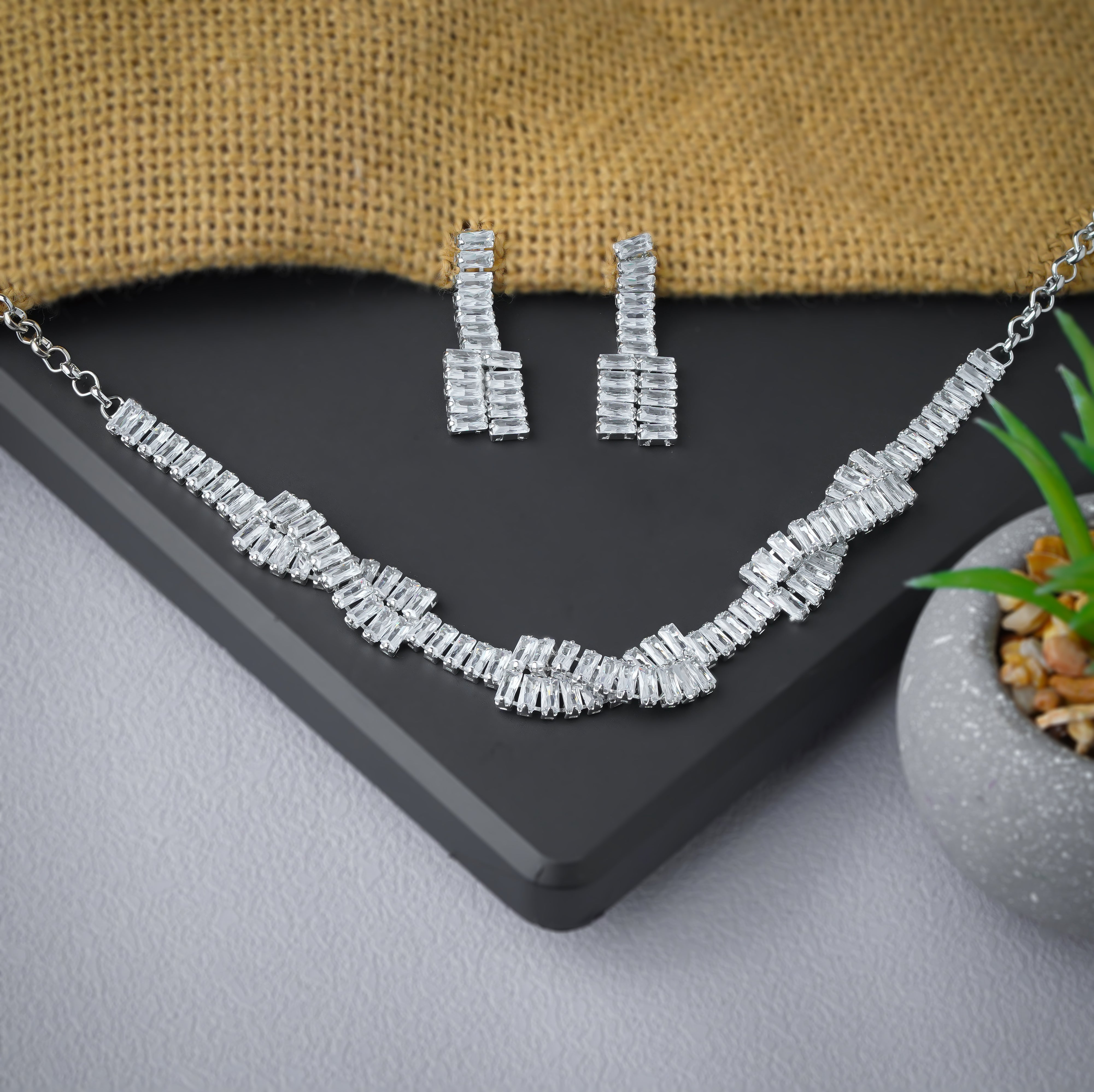 Elegant Baguette Crystal Necklace and Earrings Set For Women SNC5