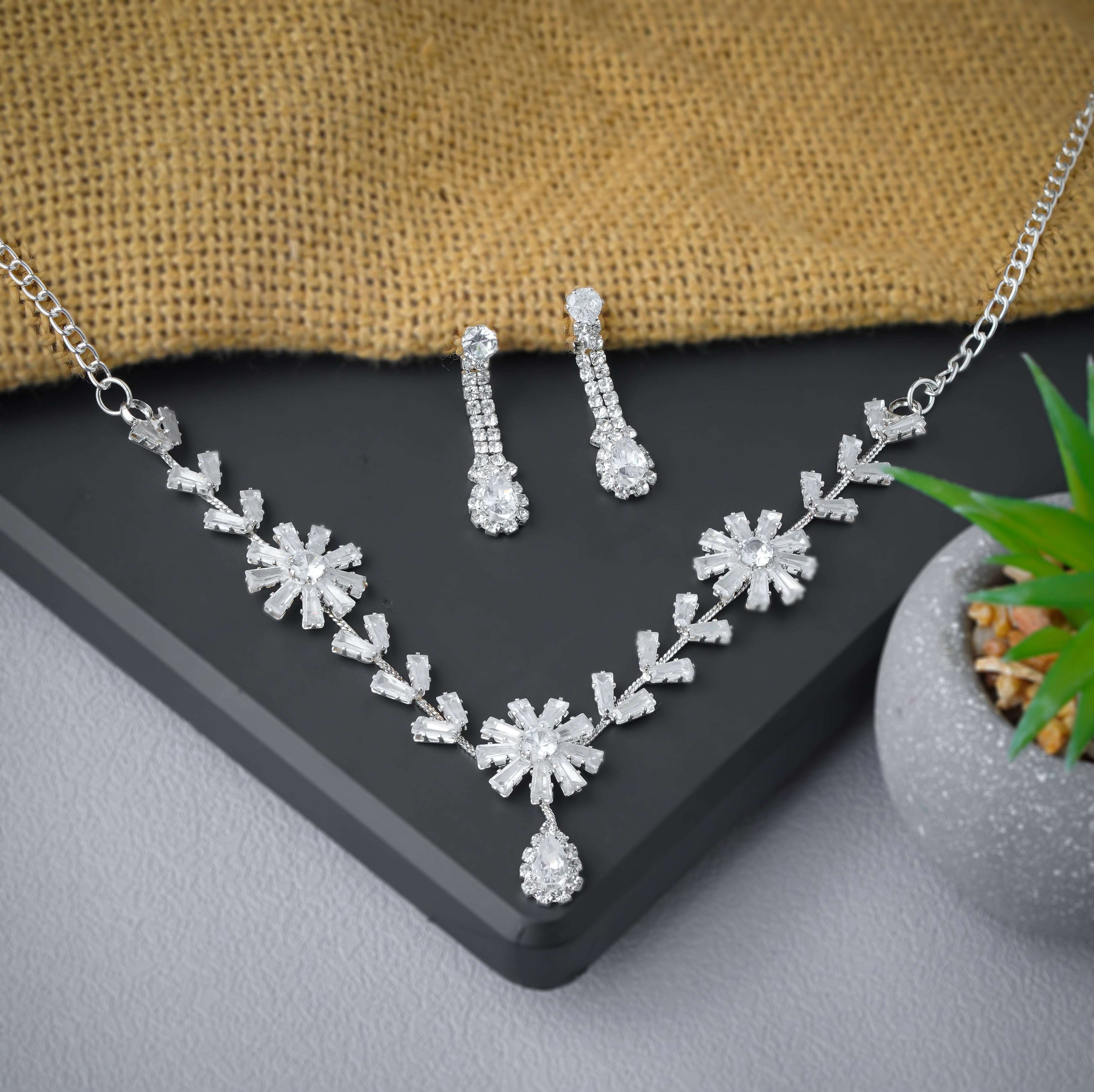 Stunning Floral Baguette Necklace and Earrings Set For Women SNC6