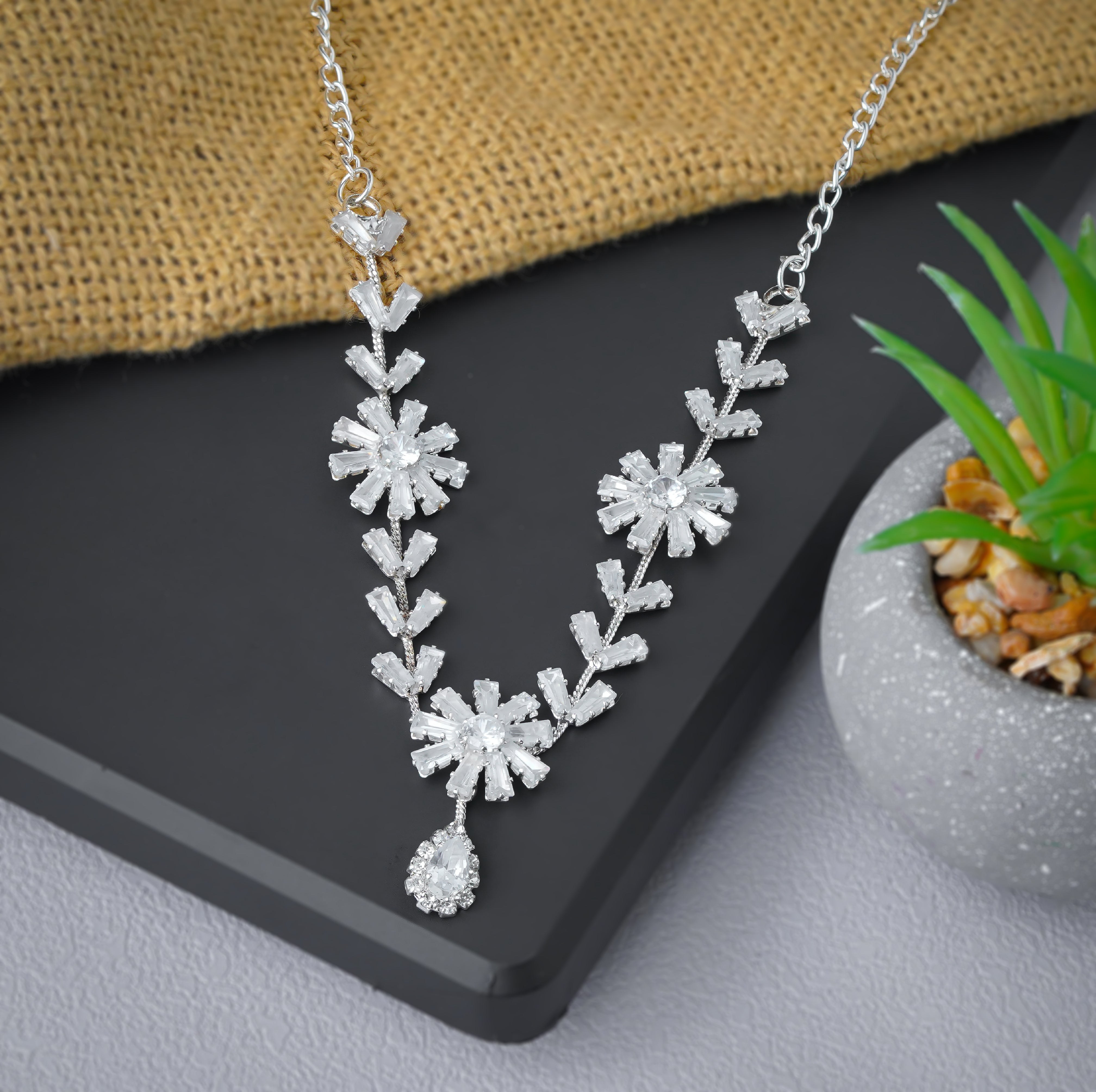 Stunning Floral Baguette Necklace and Earrings Set For Women SNC6