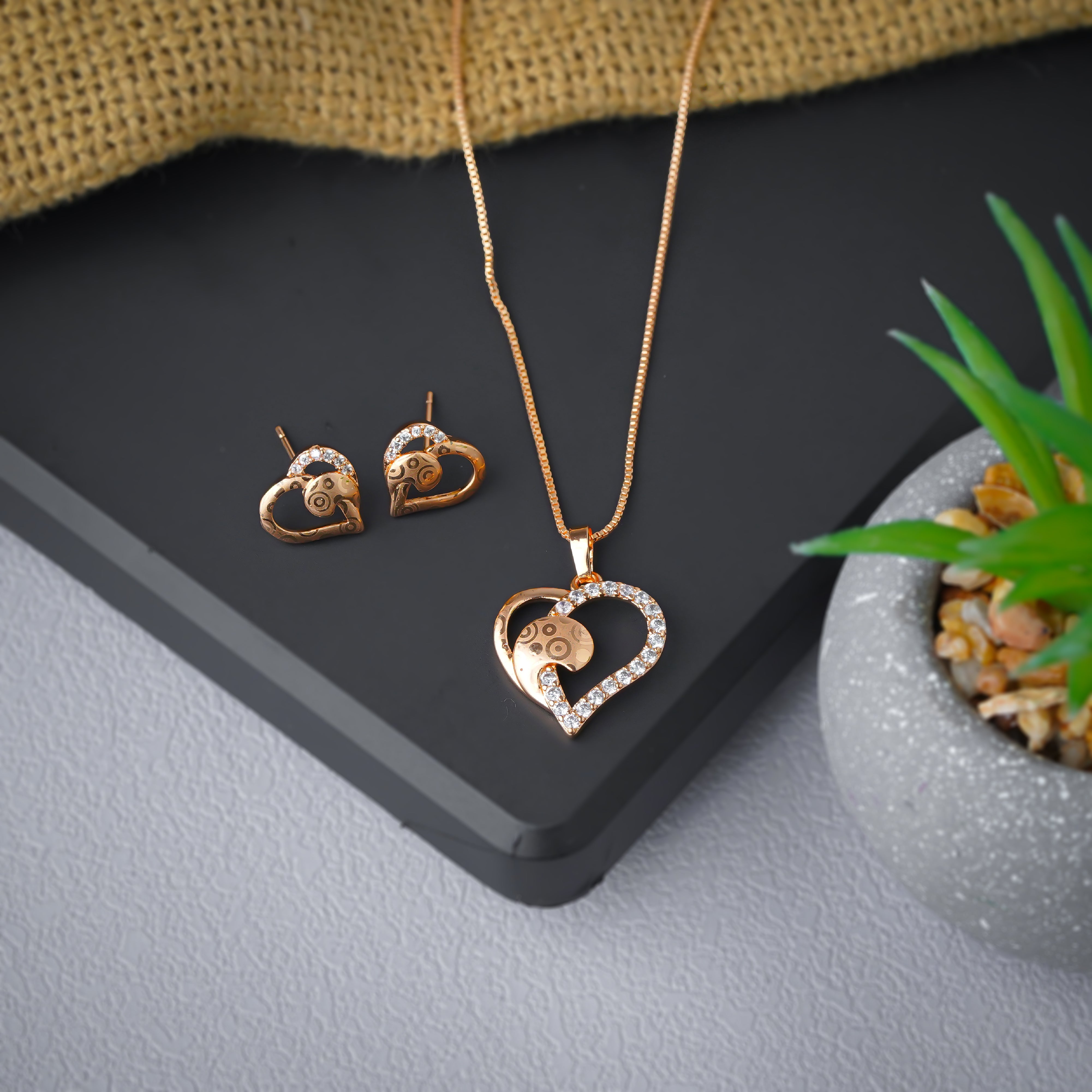 Heart-Shaped Gold-Plated Pendant Set with Matching Earrings SNC9