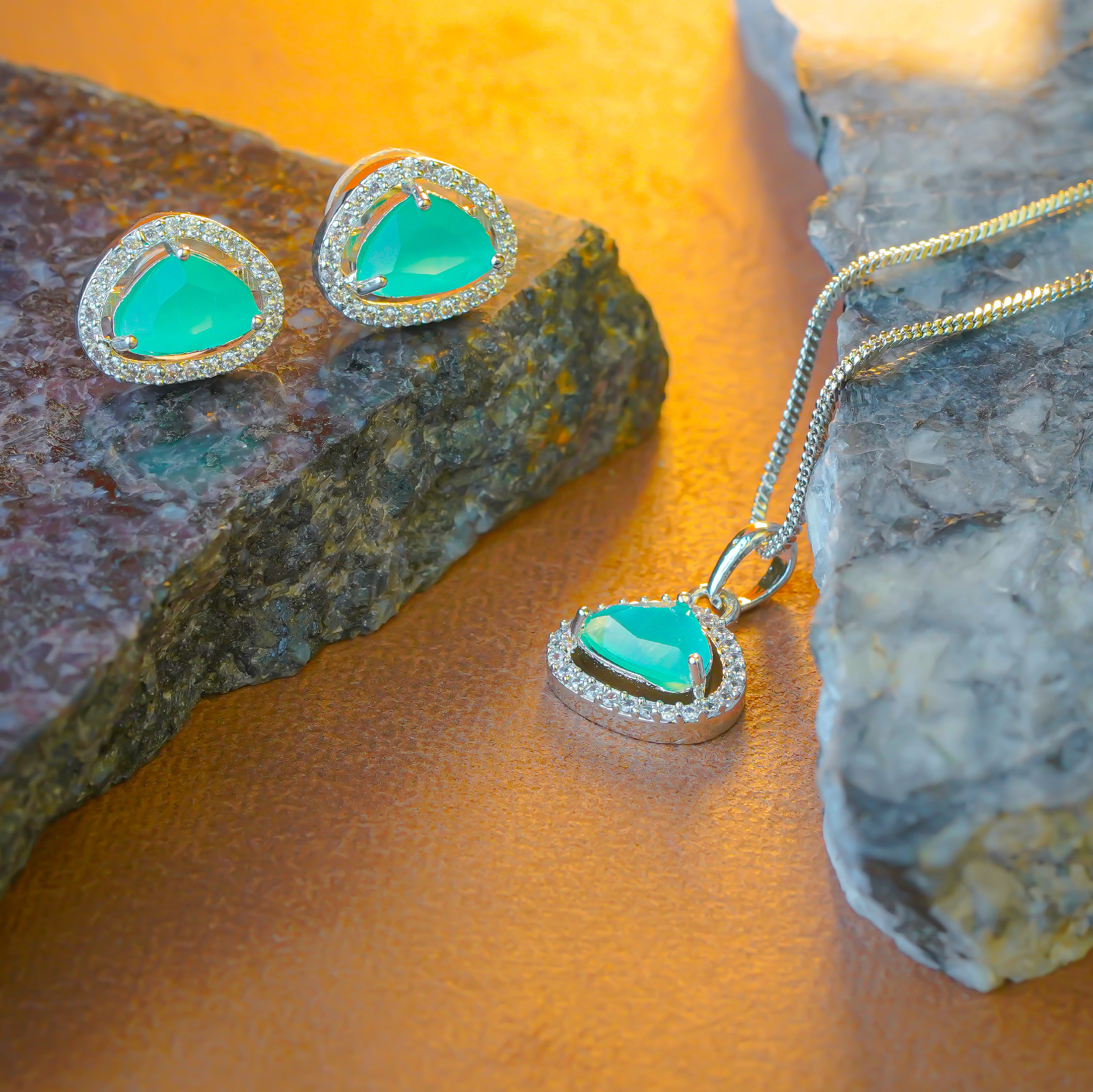 Radiant Teardrop Aqua Blue Gemstone Pendant Set with Earrings