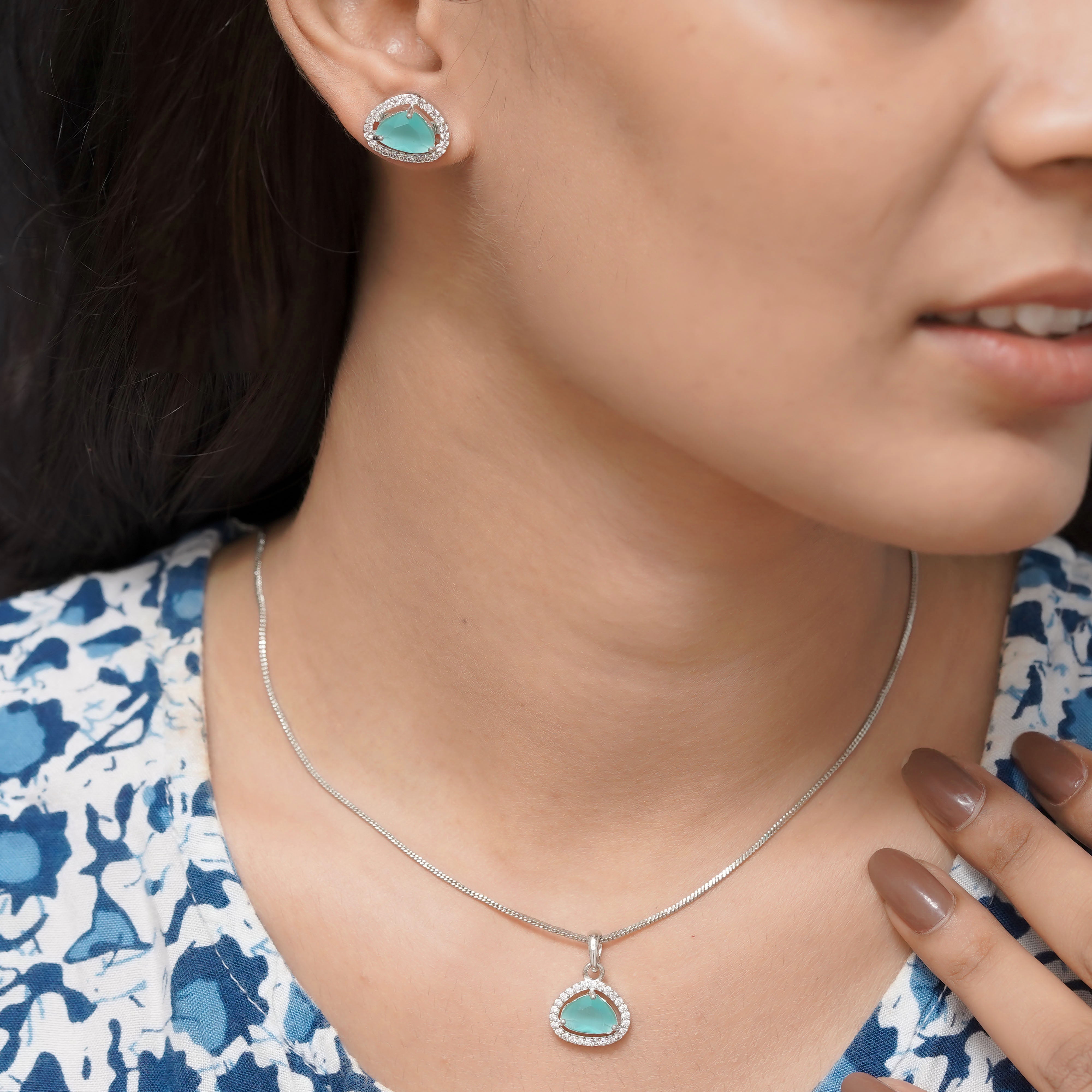 Radiant Teardrop Aqua Blue Gemstone Pendant Set with Earrings