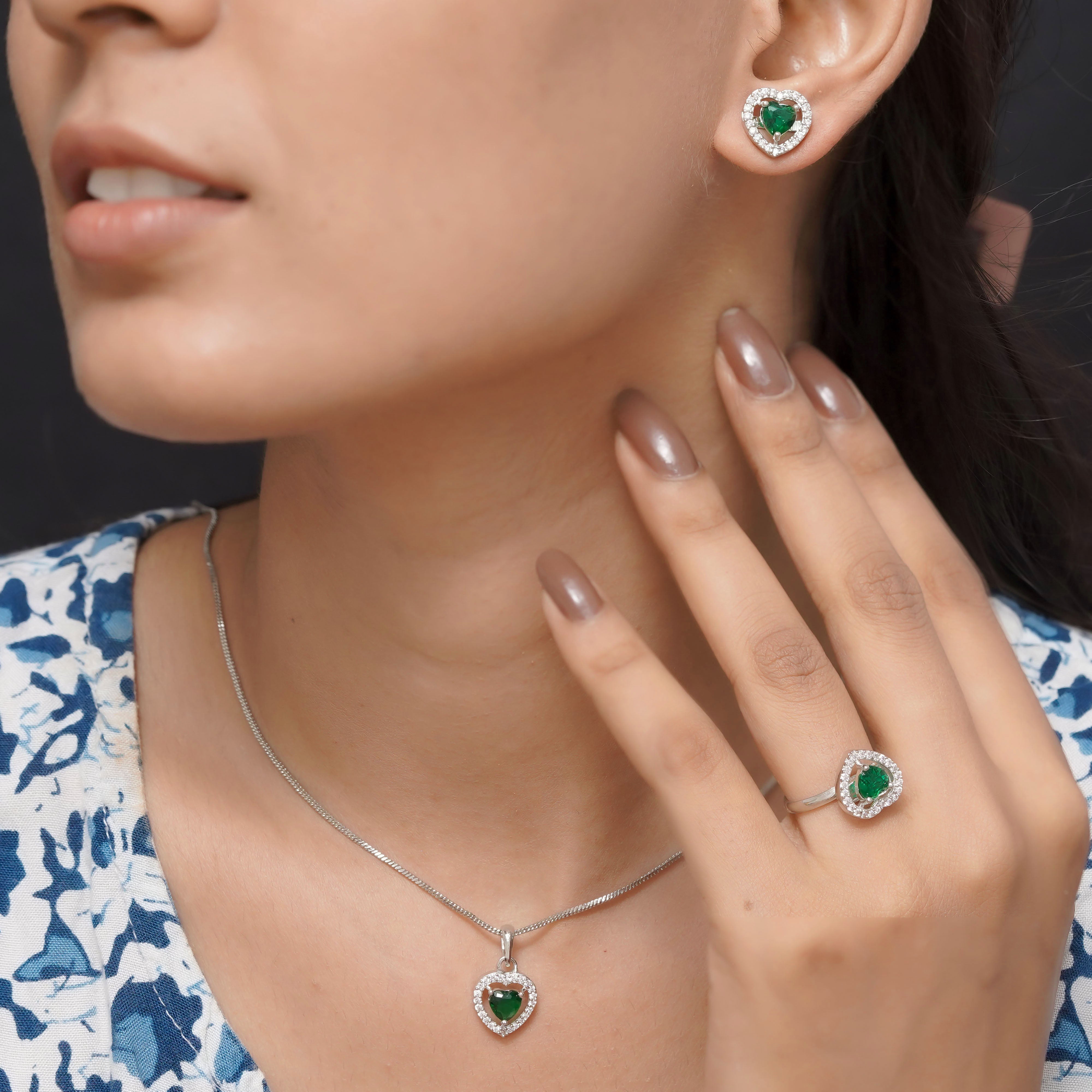 SELAYA Heart-Shaped Green Crystal Pendant Set with Earrings and Ring