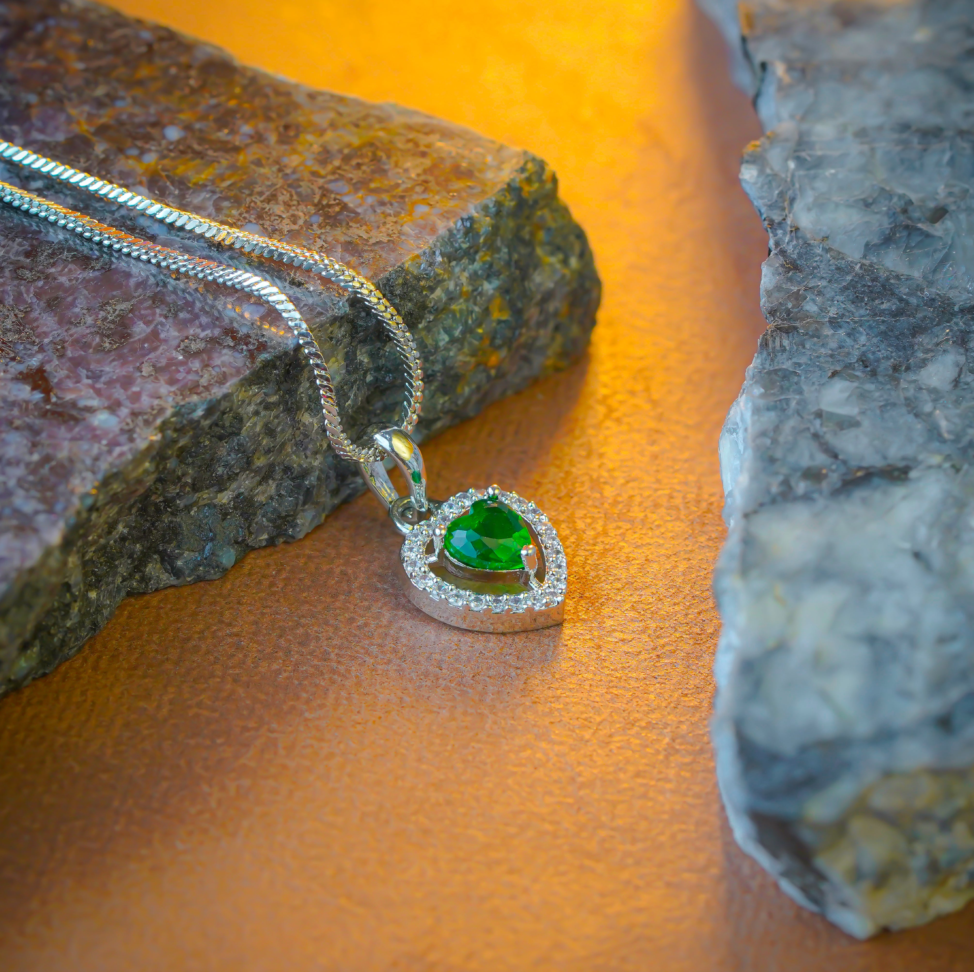 SELAYA Heart-Shaped Green Crystal Pendant Set with Earrings and Ring