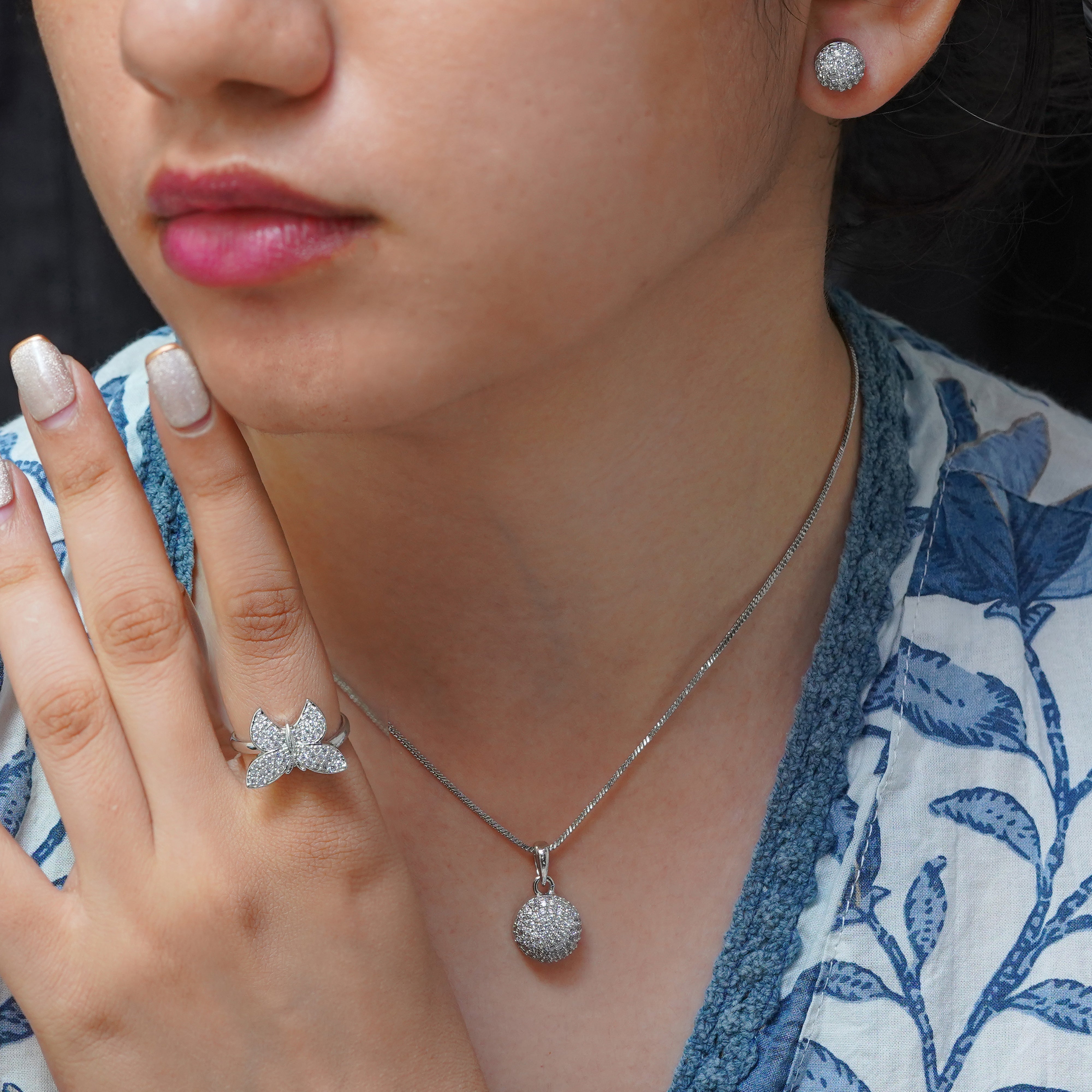 SELAYA Pave-Set White Crystal Pendant Set with Earrings and Butterfly Ring