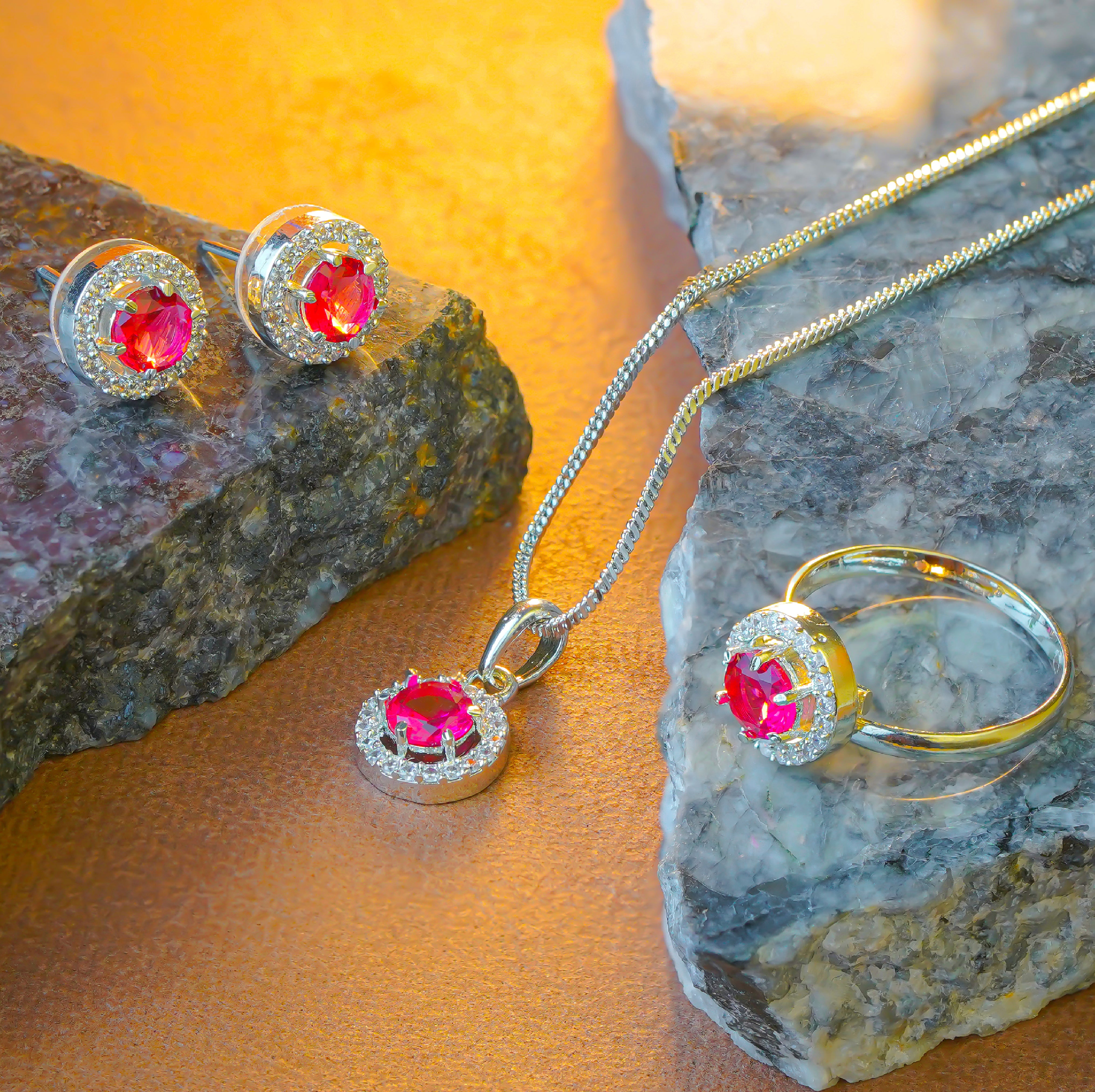 SELAYA Ruby Red Crystal Pendant Set with Earrings and Ring