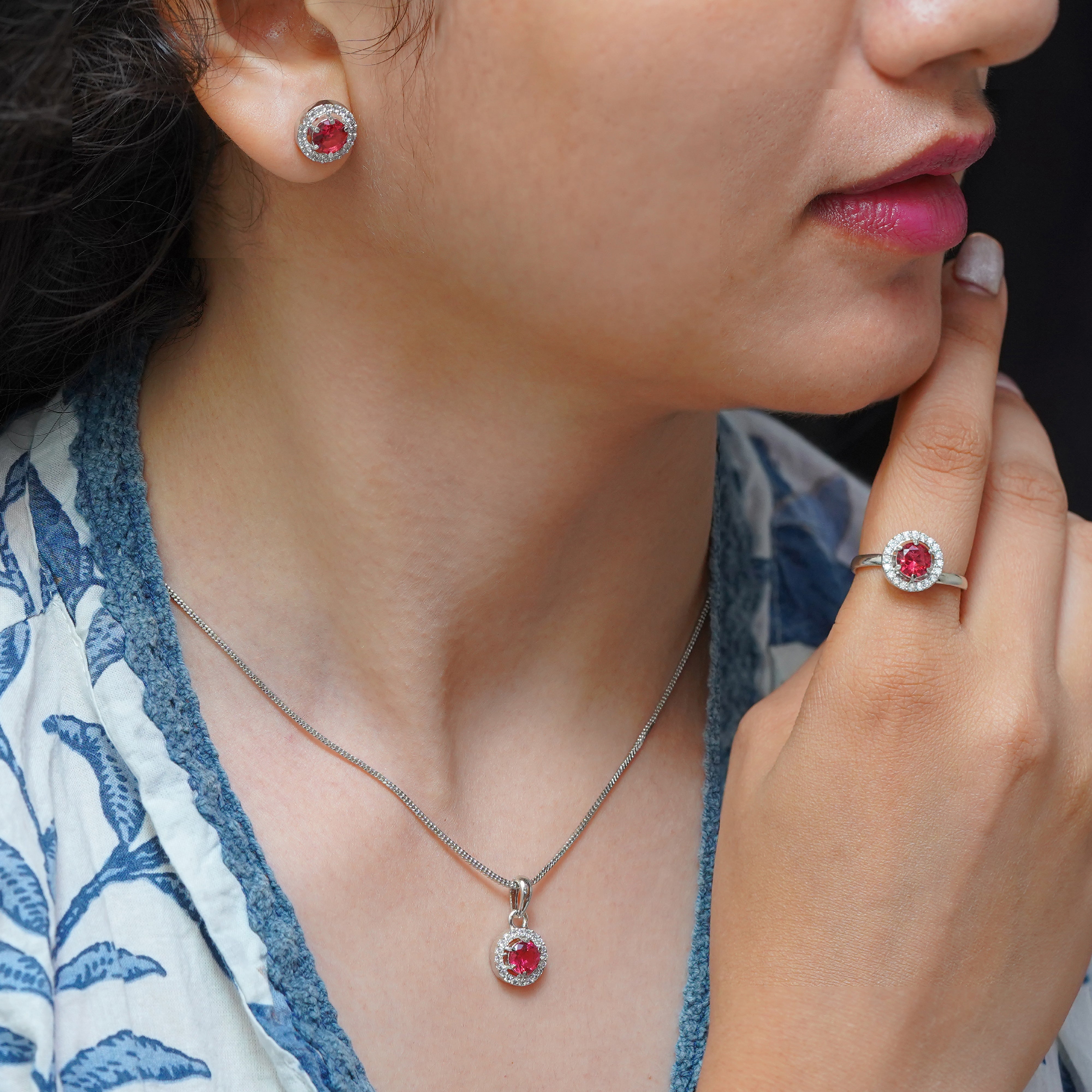 SELAYA Ruby Red Crystal Pendant Set with Earrings and Ring