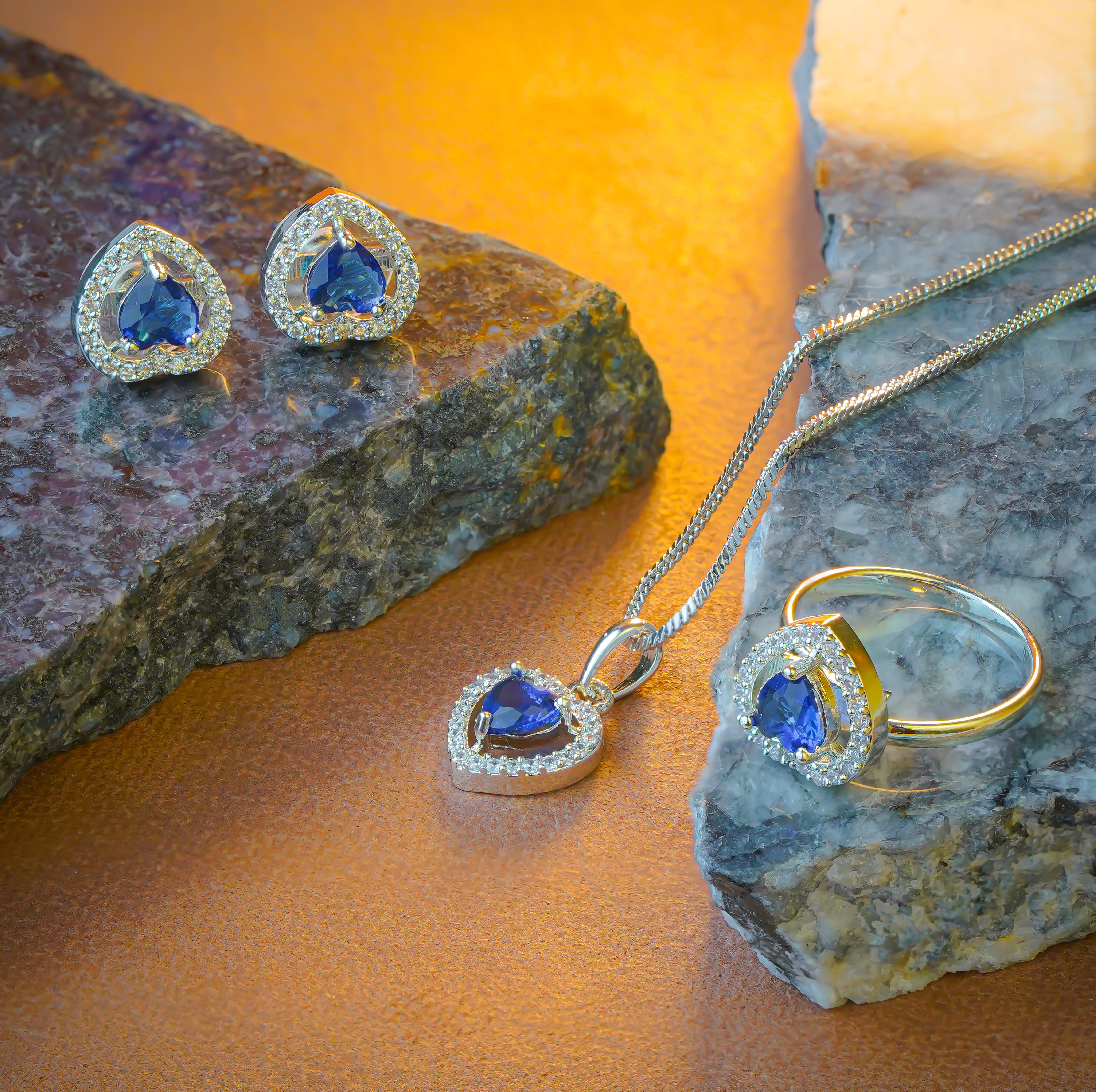 SELAYA Heart-Shaped Blue Crystal Pendant Set with Earrings and Ring