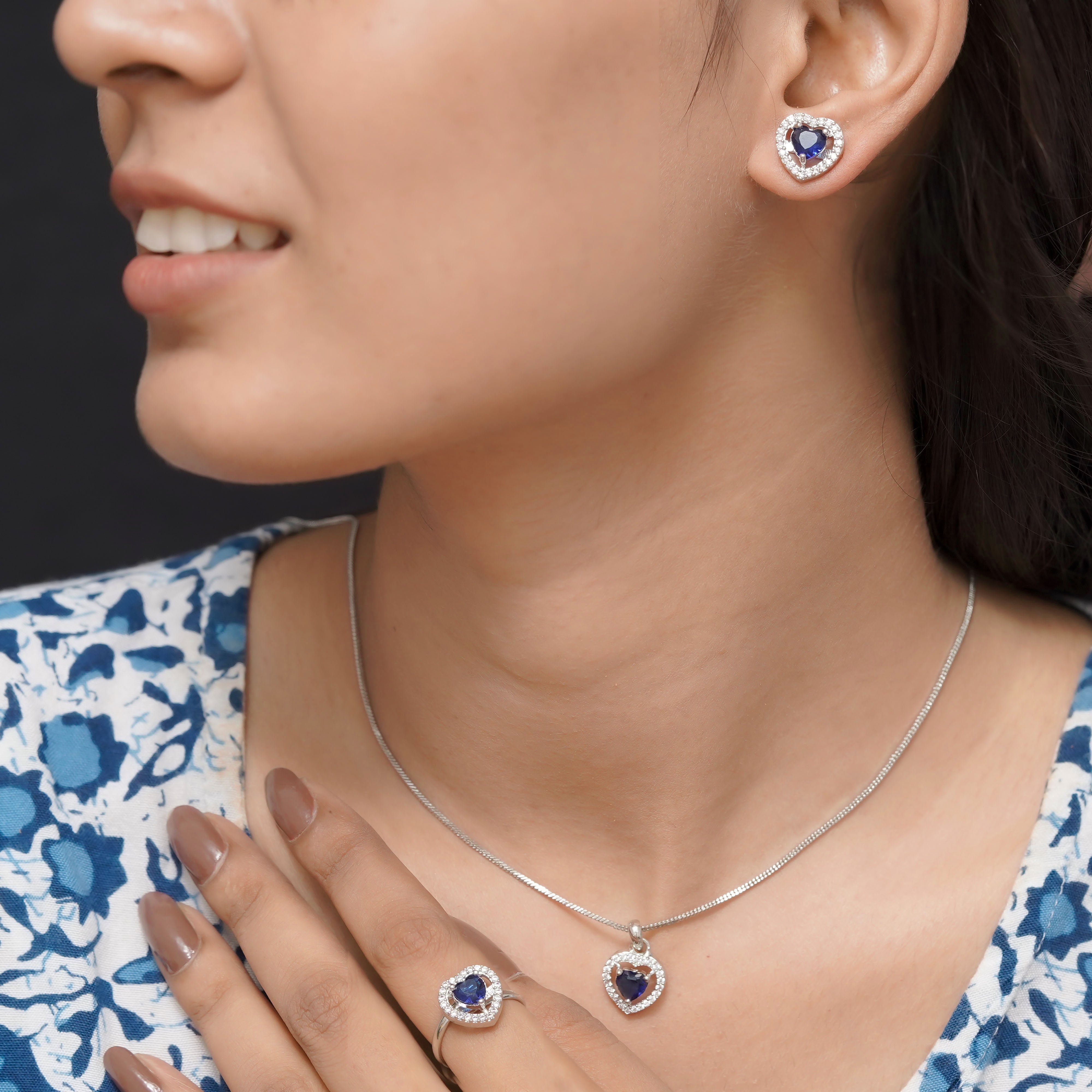 SELAYA Heart-Shaped Blue Crystal Pendant Set with Earrings and Ring