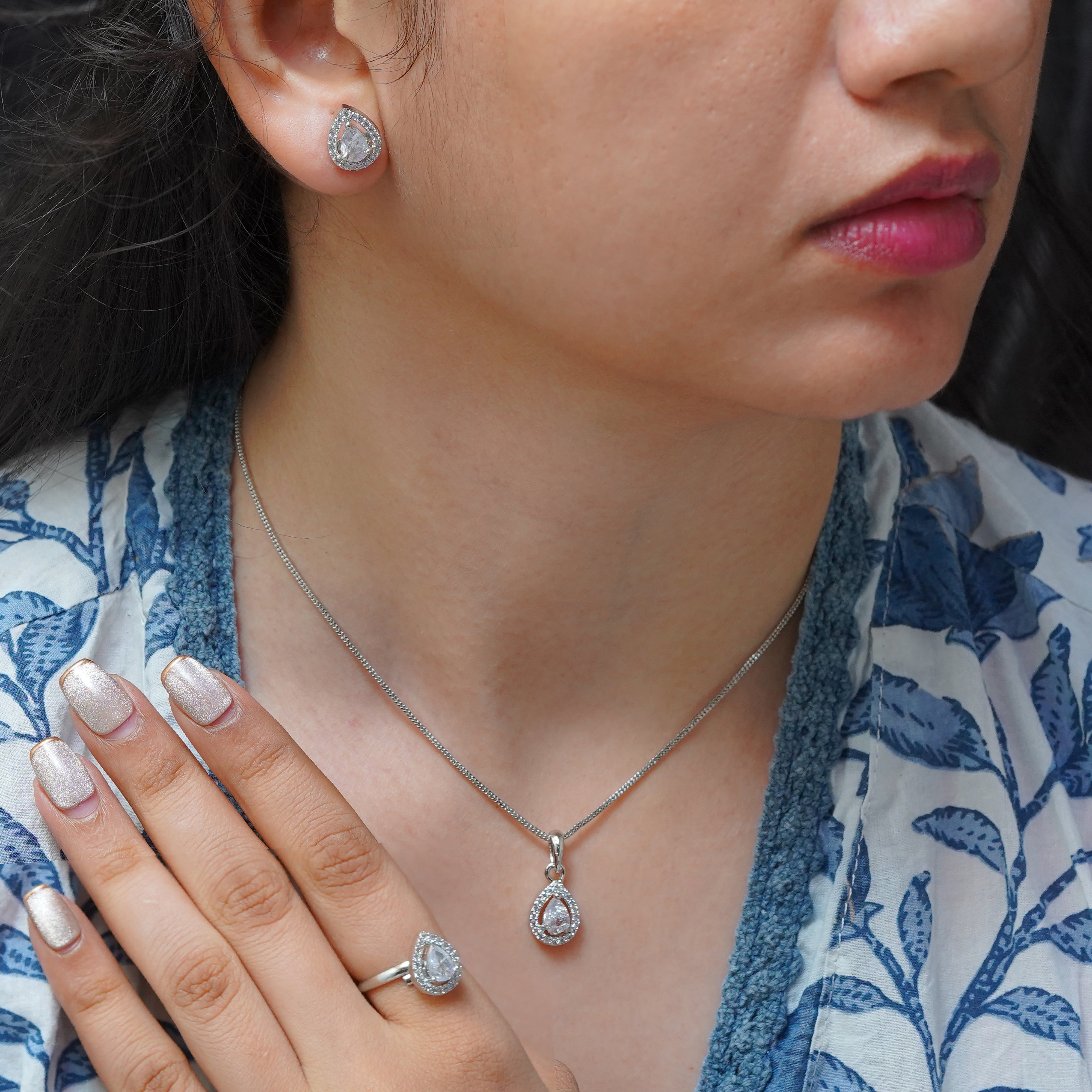 SELAYA Teardrop White Crystal Pendant Set with Earrings and Ring