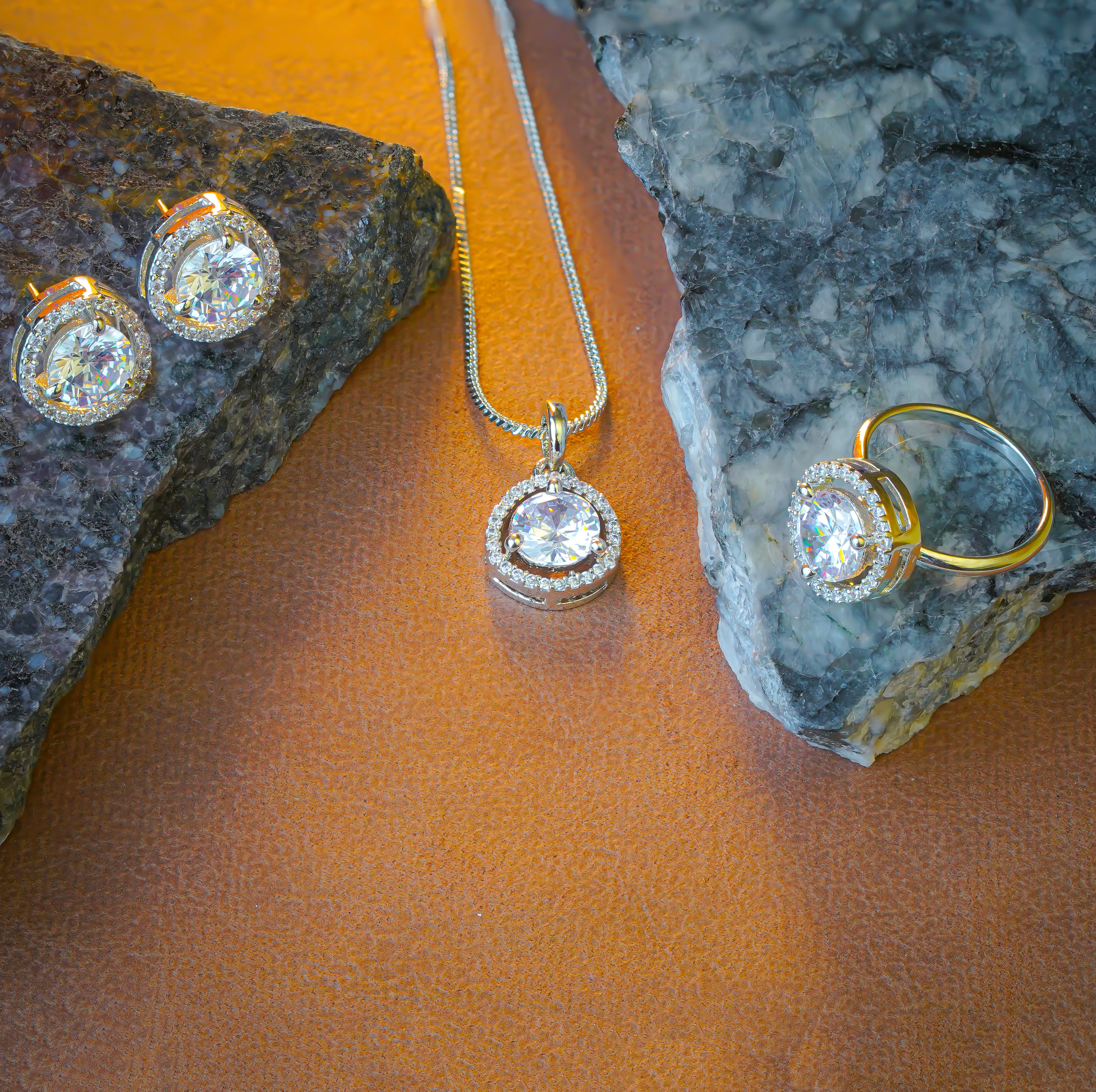 SELAYA Round White Crystal Pendant Set with Earrings and Ring