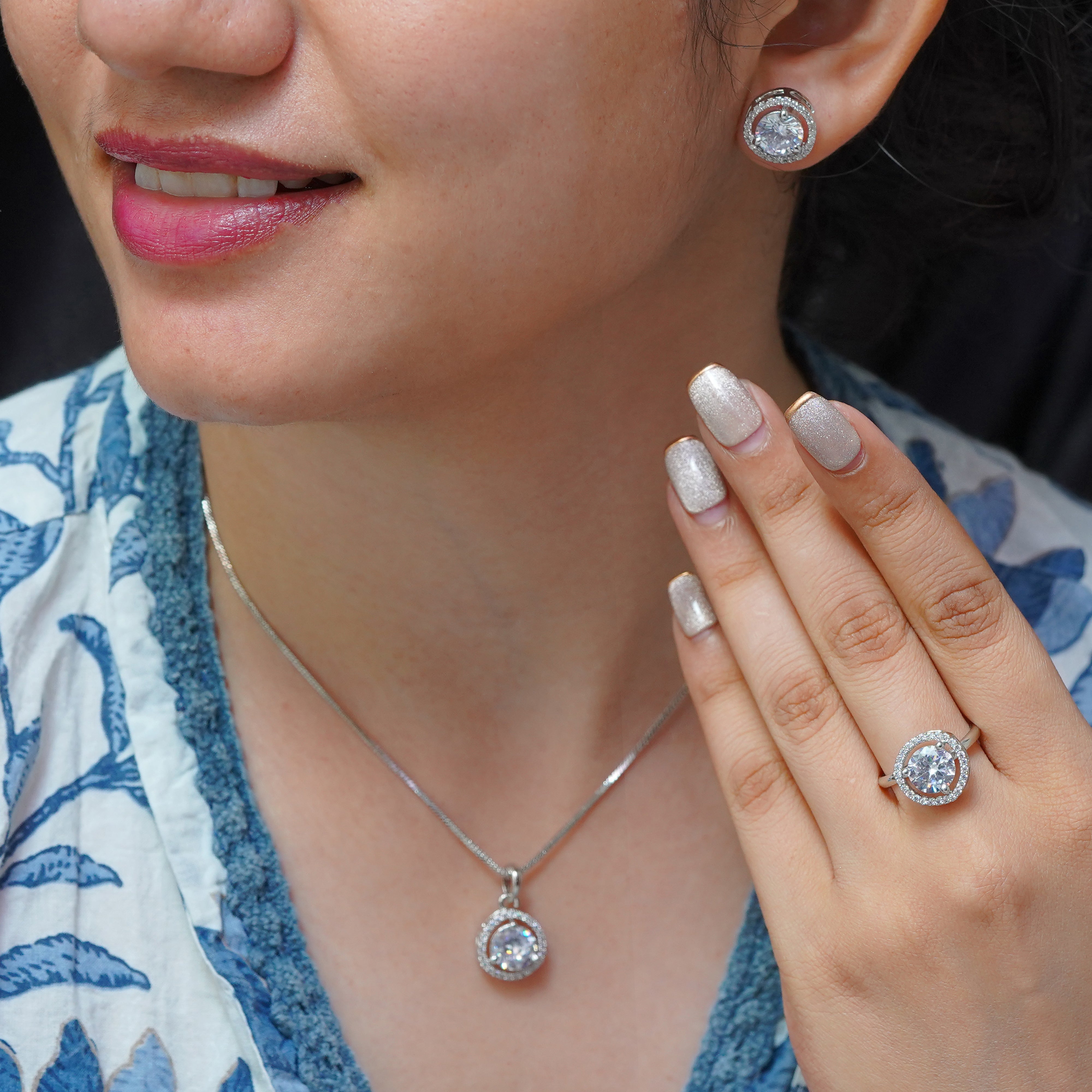 SELAYA Round White Crystal Pendant Set with Earrings and Ring