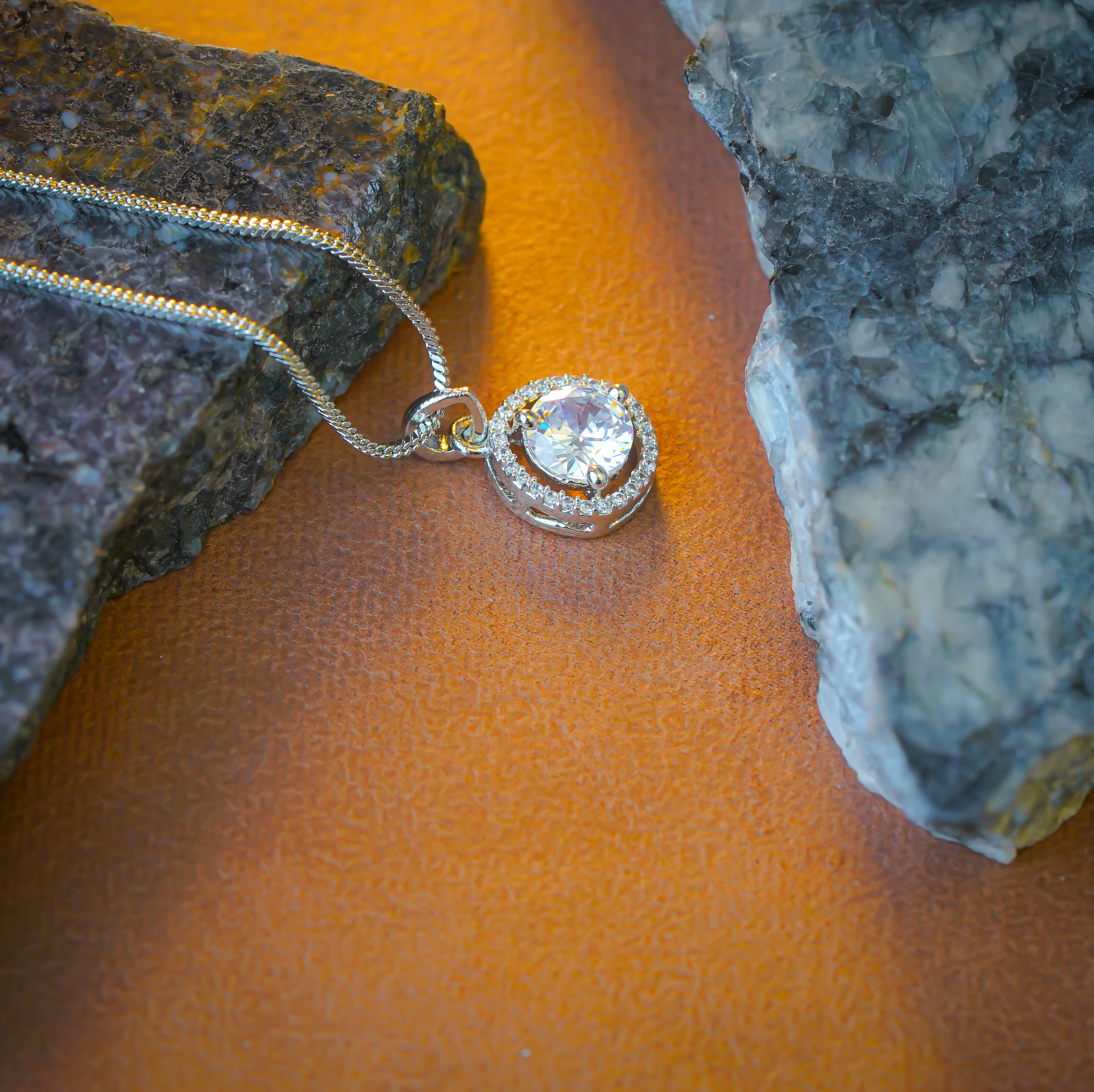 SELAYA Round White Crystal Pendant Set with Earrings and Ring