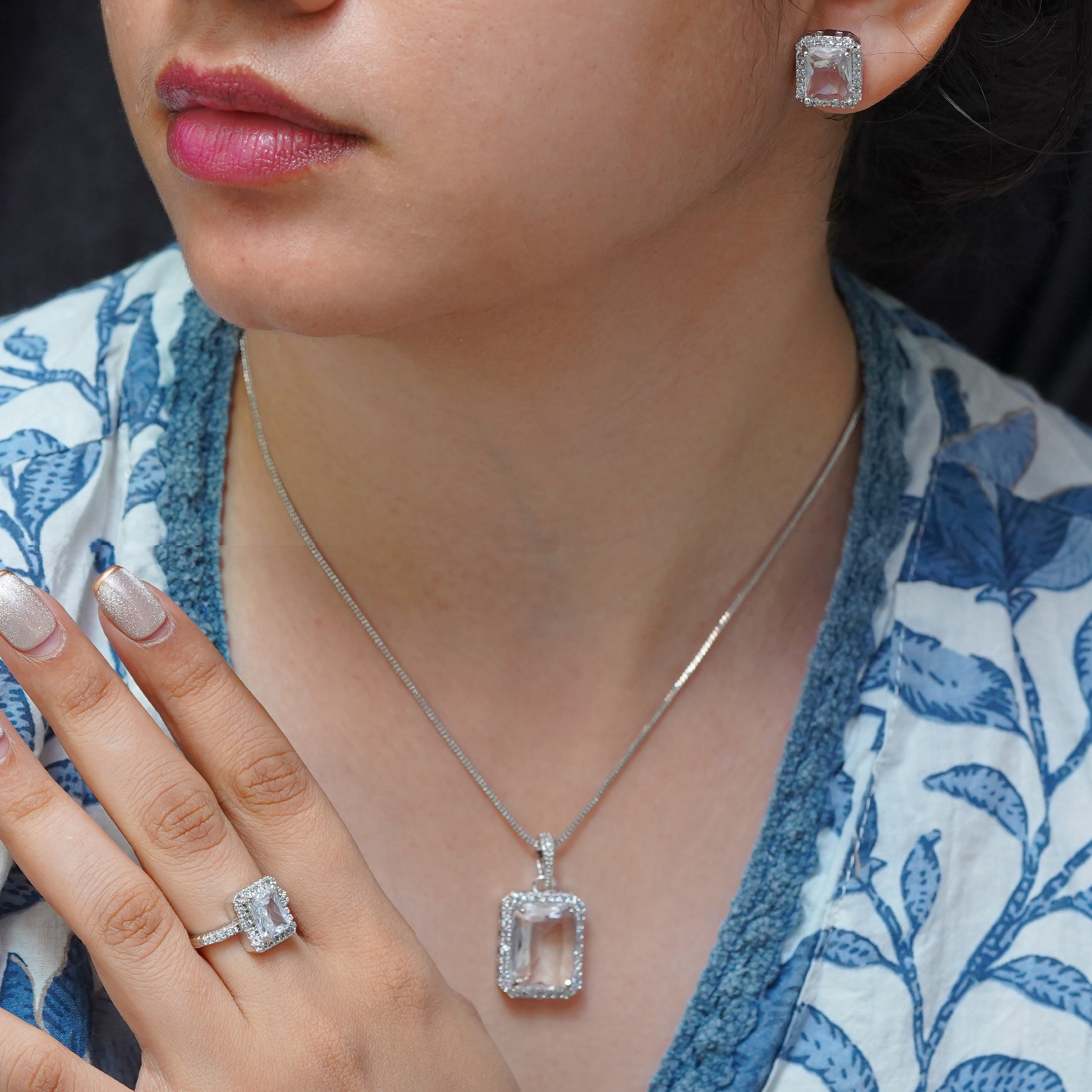 SELAYA Square-Cut White Crystal Pendant Set with Earrings and Ring