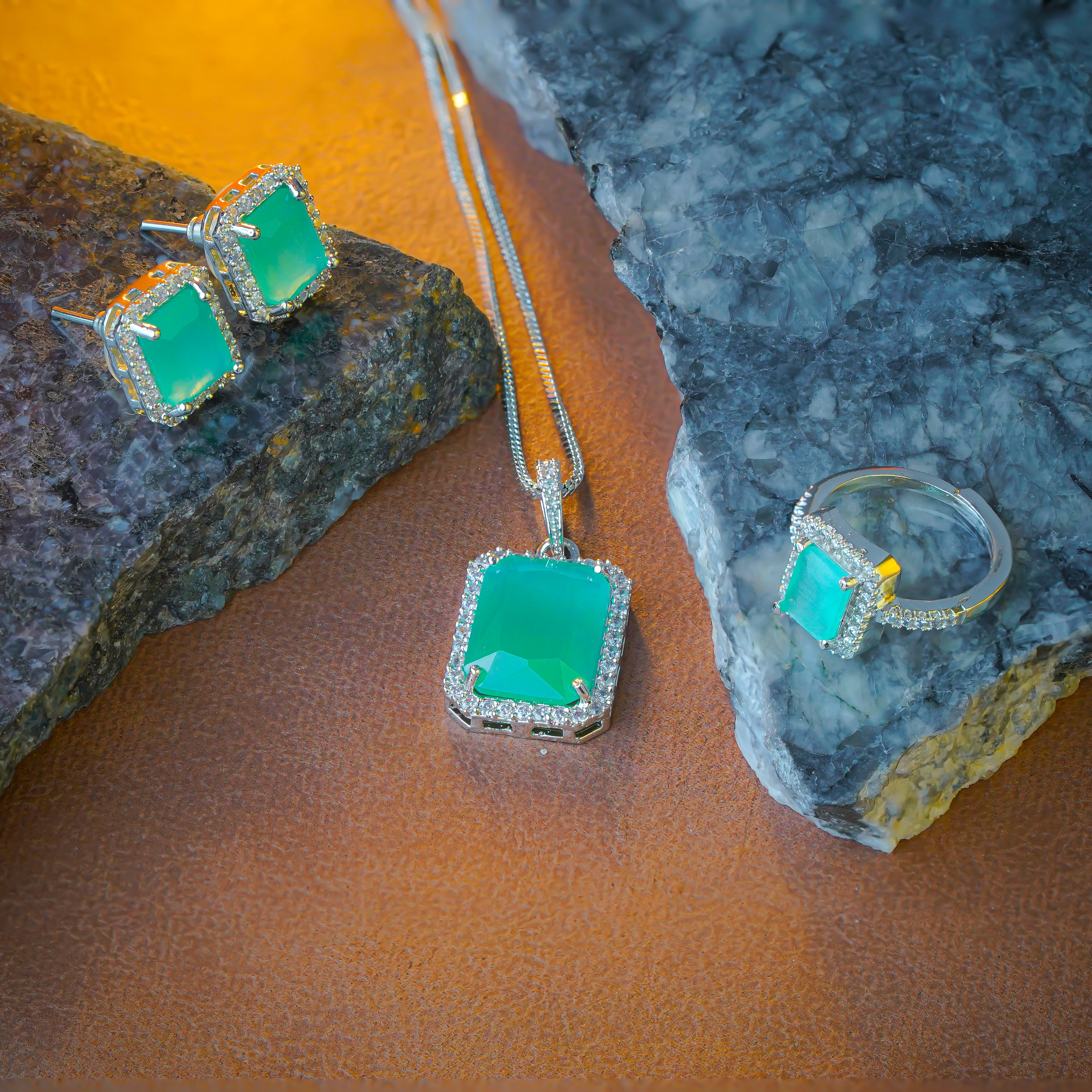 SELAYA Elegant Green Gemstone Pendant Set with Earrings and Ring