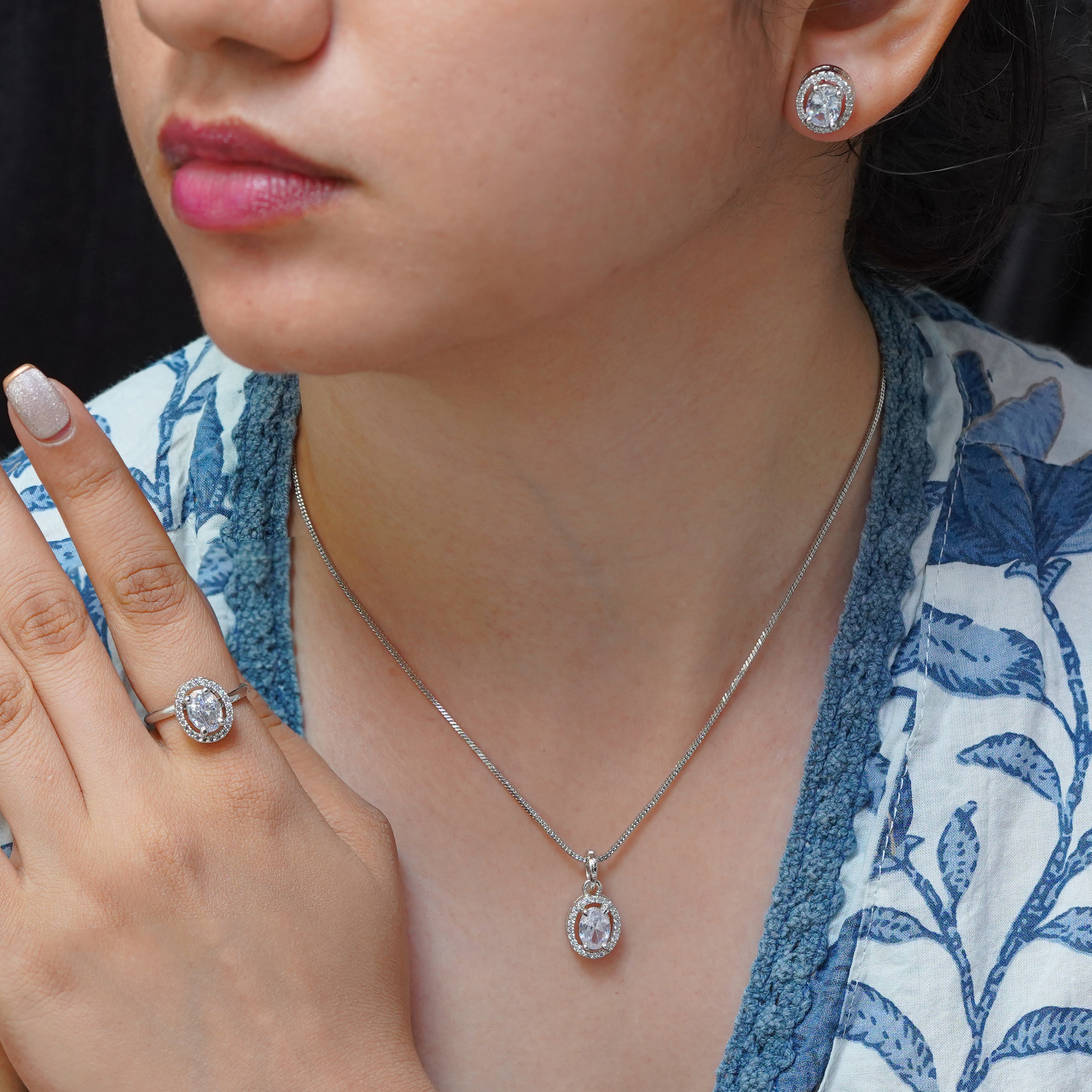 SELAYA Round White Crystal Pendant Set with Earrings and Ring