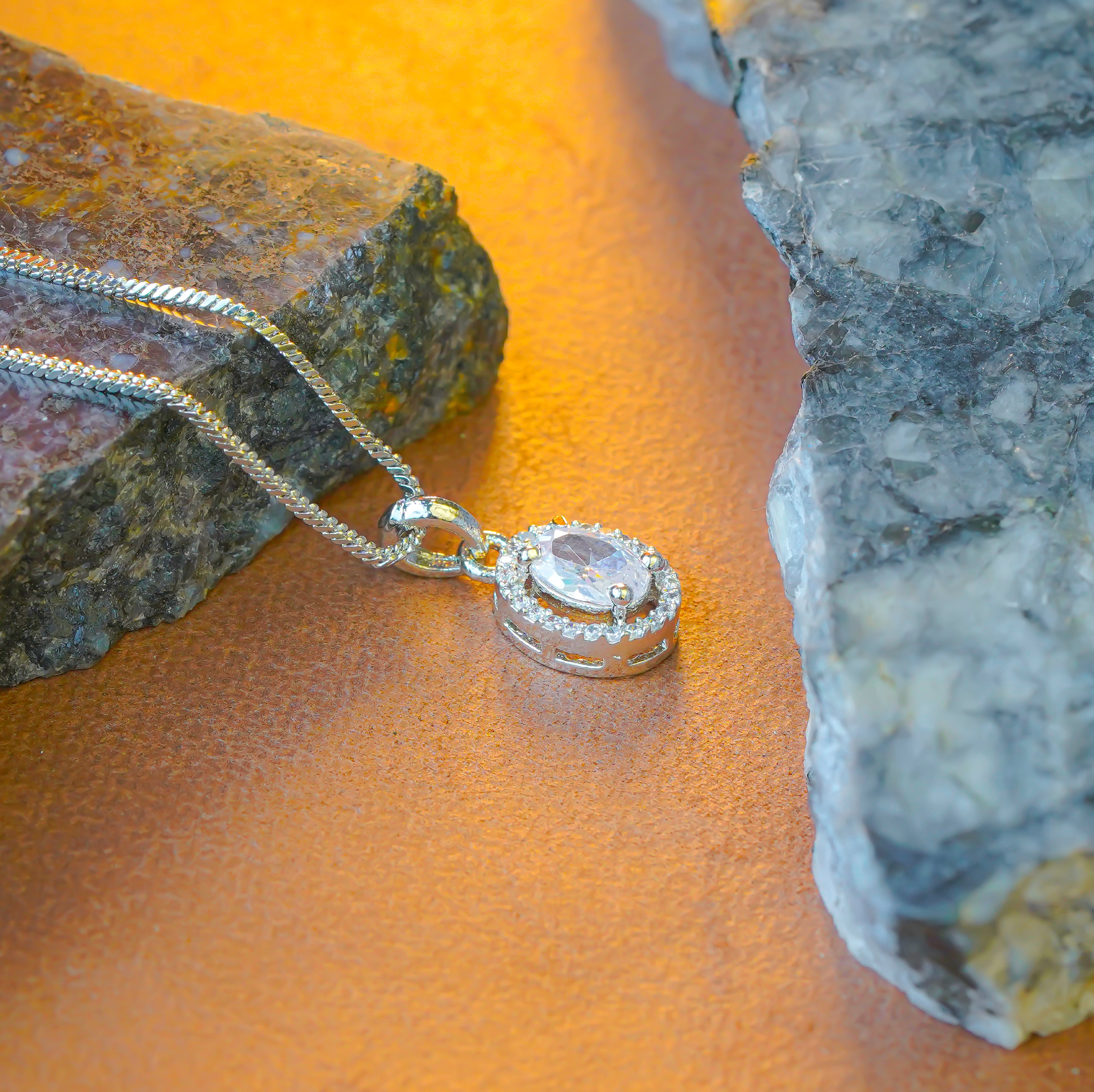 SELAYA Round White Crystal Pendant Set with Earrings and Ring