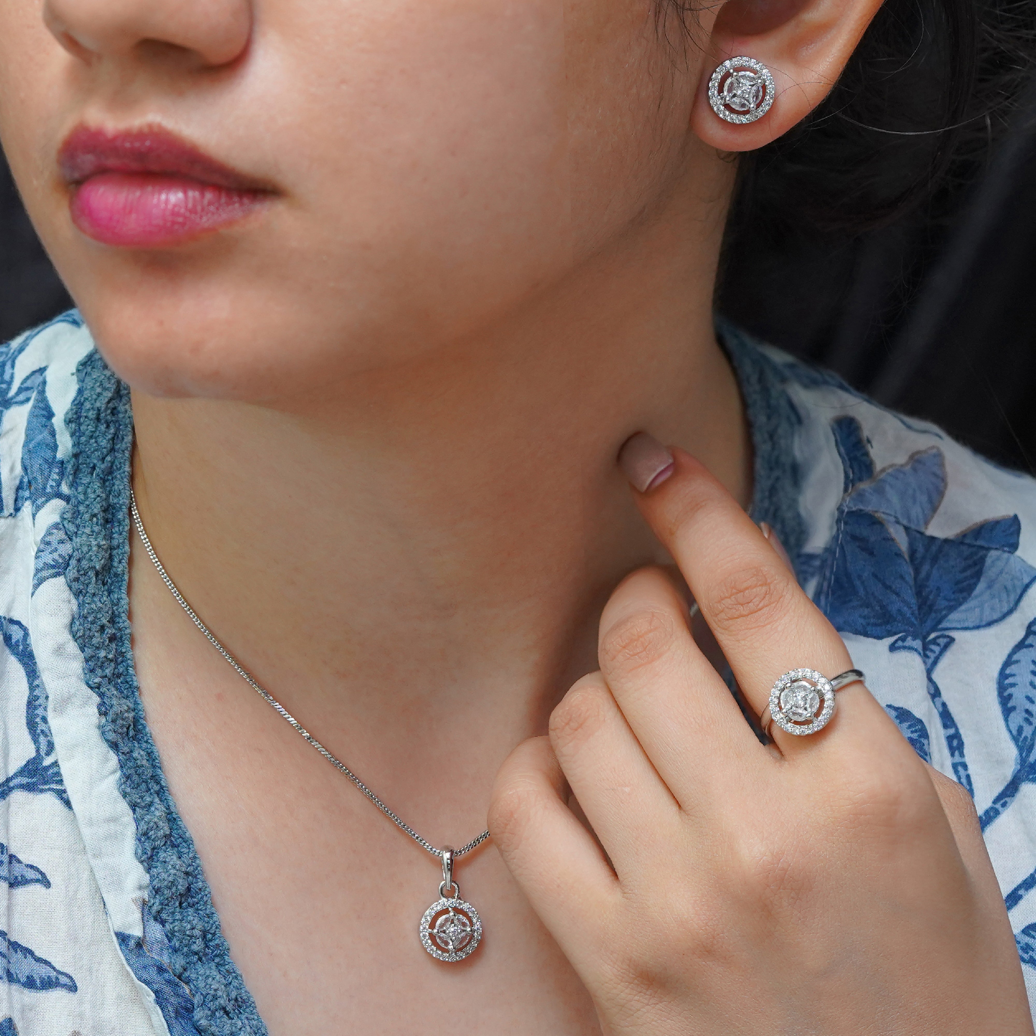 SELAYA Round White Crystal Pendant Set with Earrings and Ring