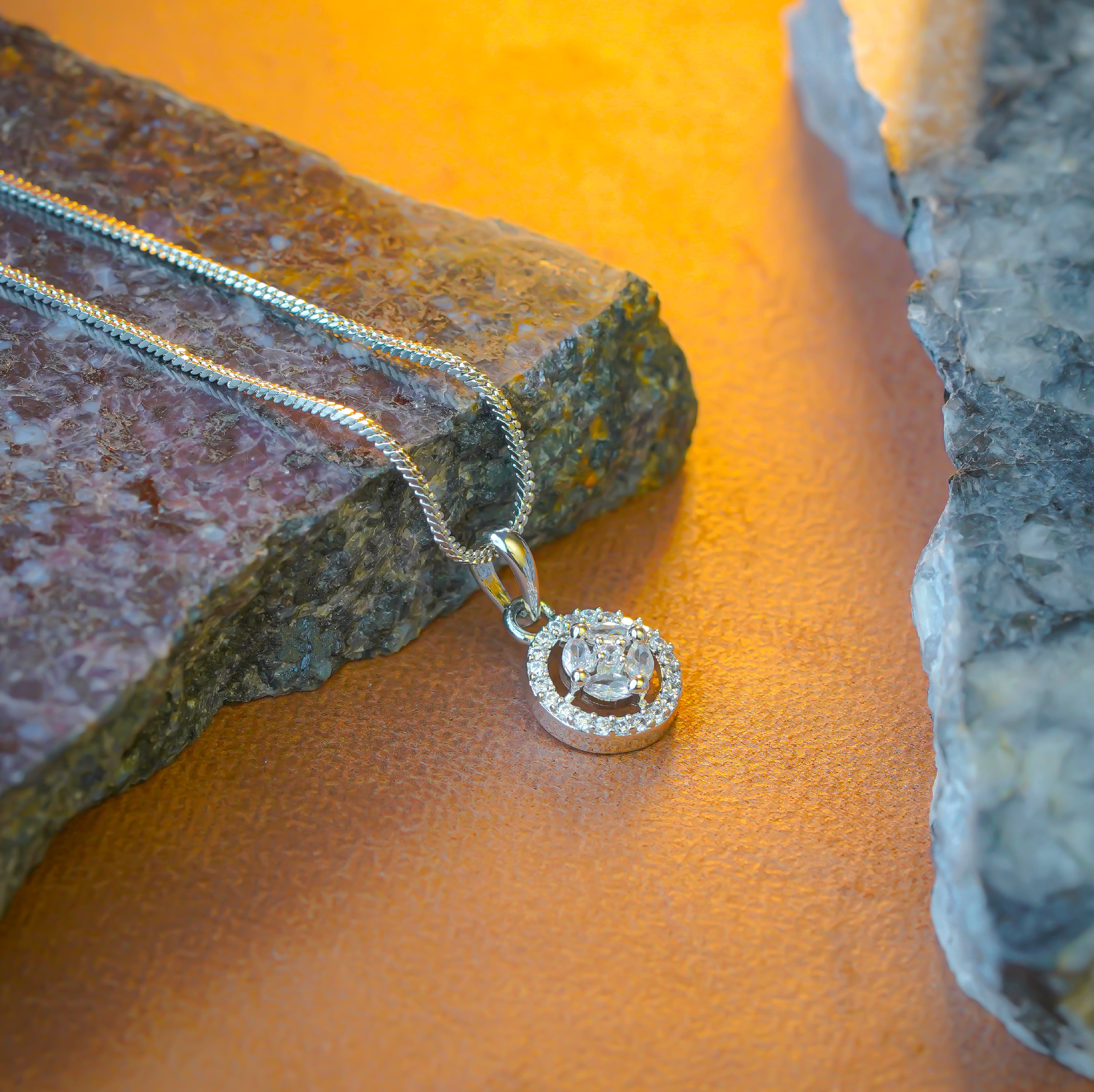 SELAYA Round White Crystal Pendant Set with Earrings and Ring