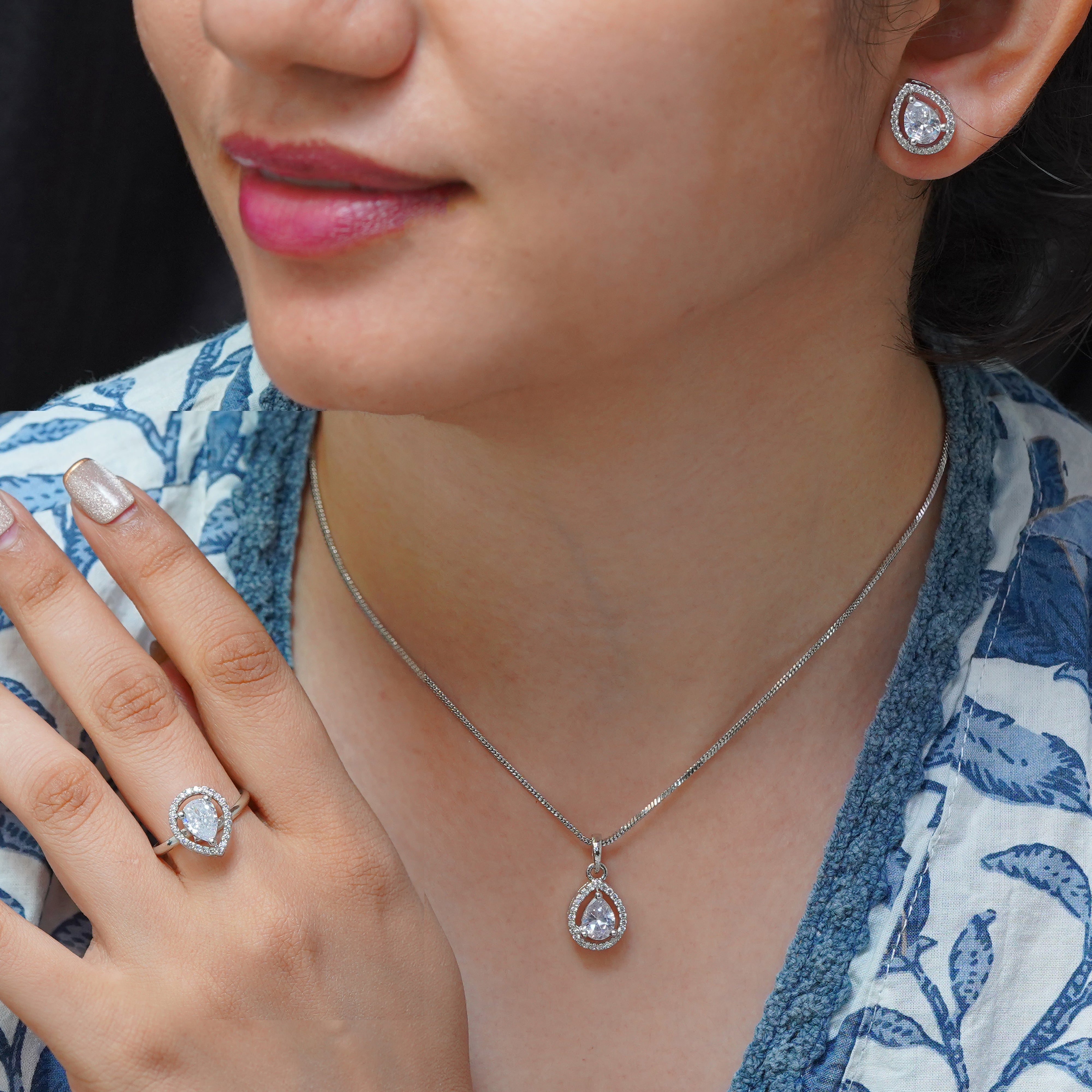 SELAYA Teardrop White Crystal Pendant Set with Earrings and Ring