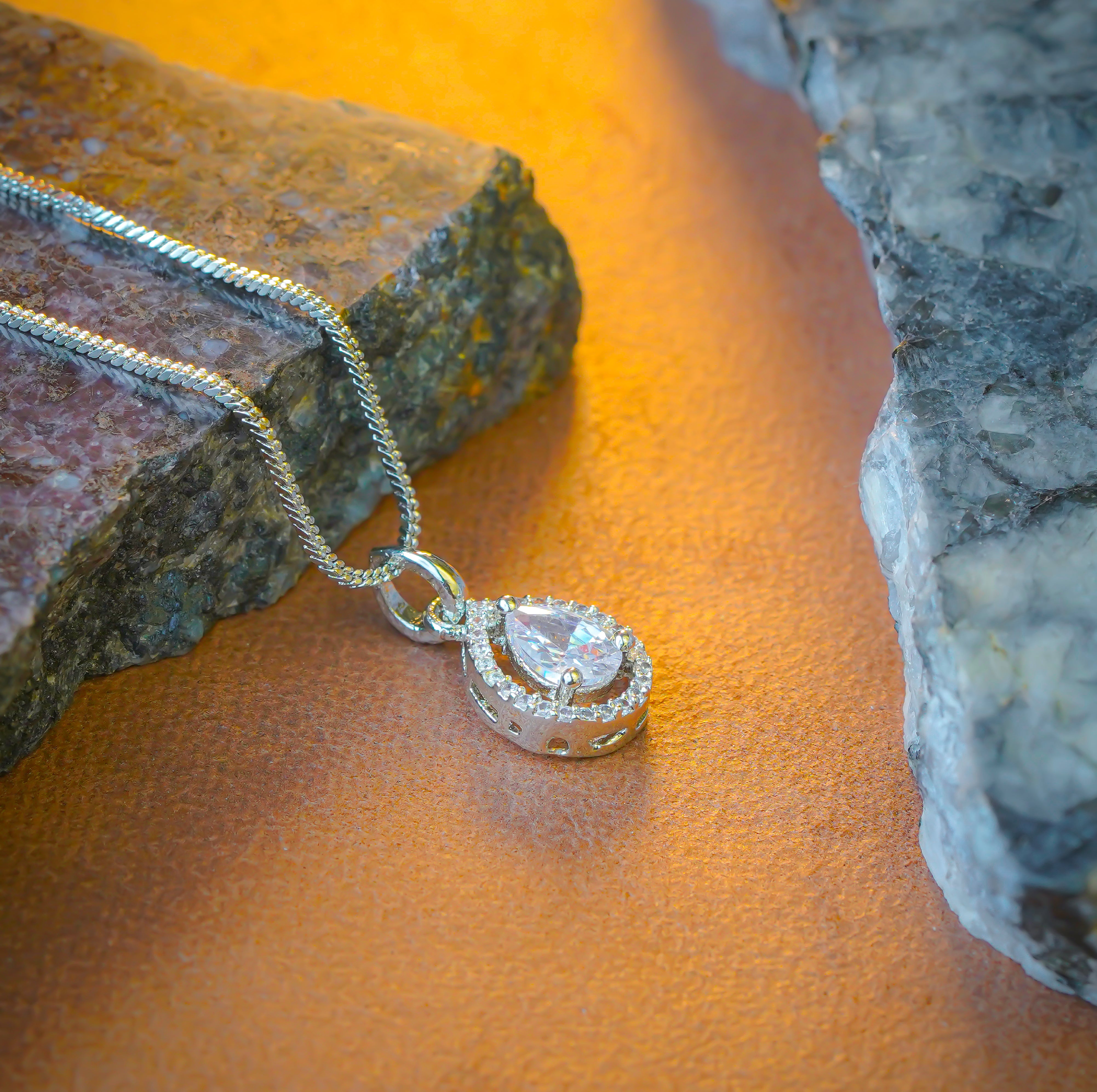 SELAYA Teardrop White Crystal Pendant Set with Earrings and Ring