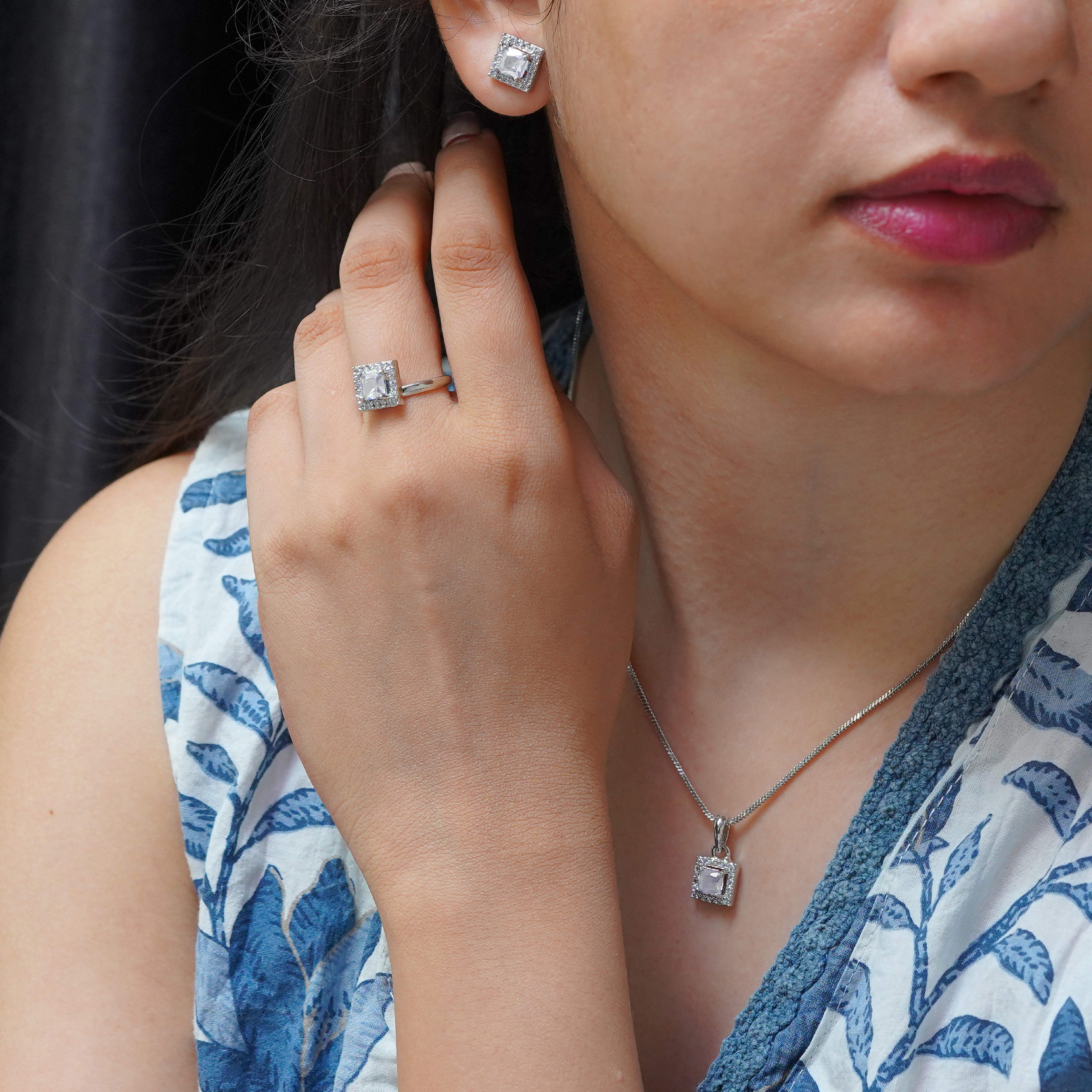 SELAYA Square-Cut White Crystal Pendant Set with Earrings and Ring