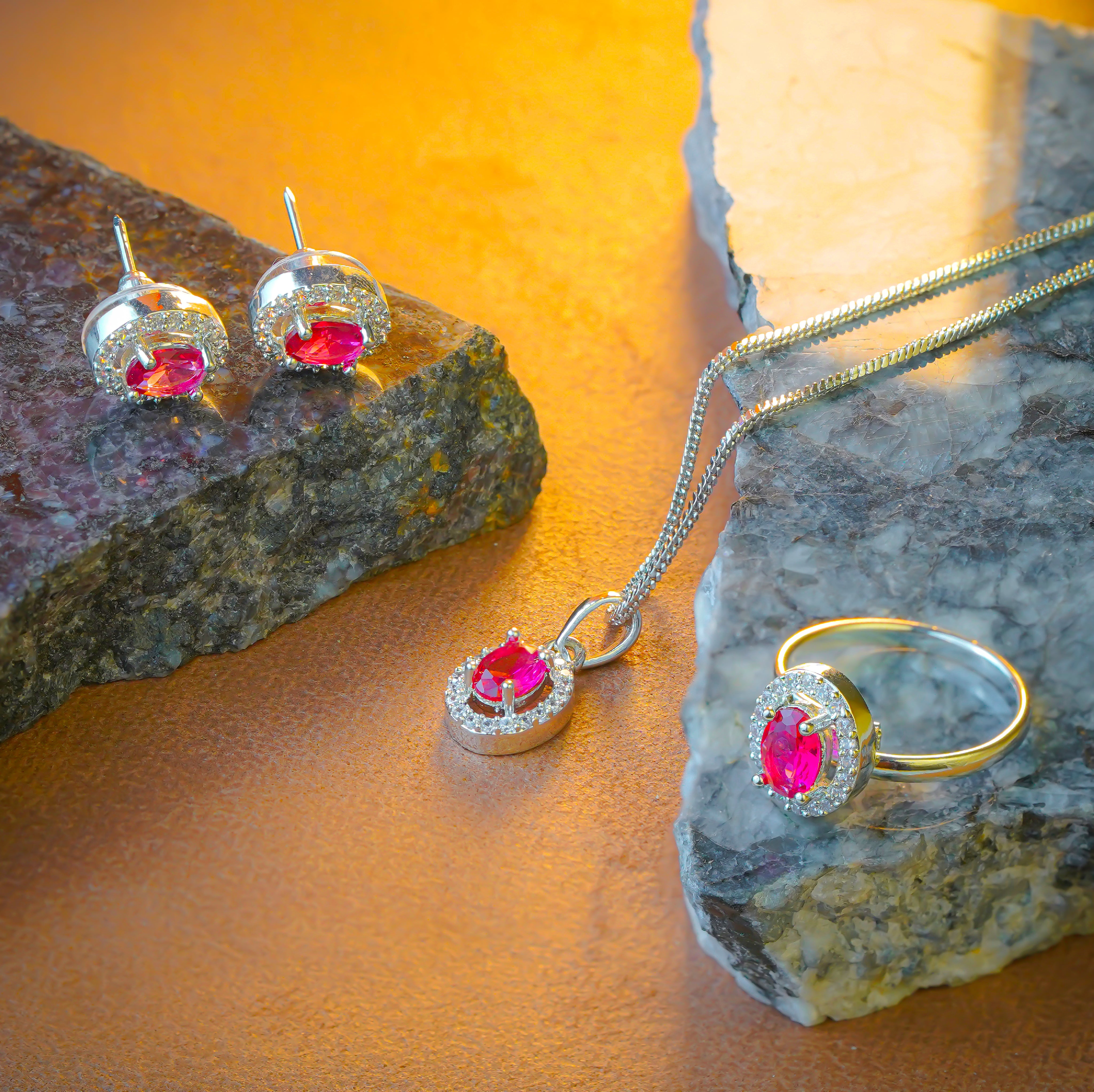 SELAYA Ruby Red Oval Crystal Pendant Set with Earrings and Ring