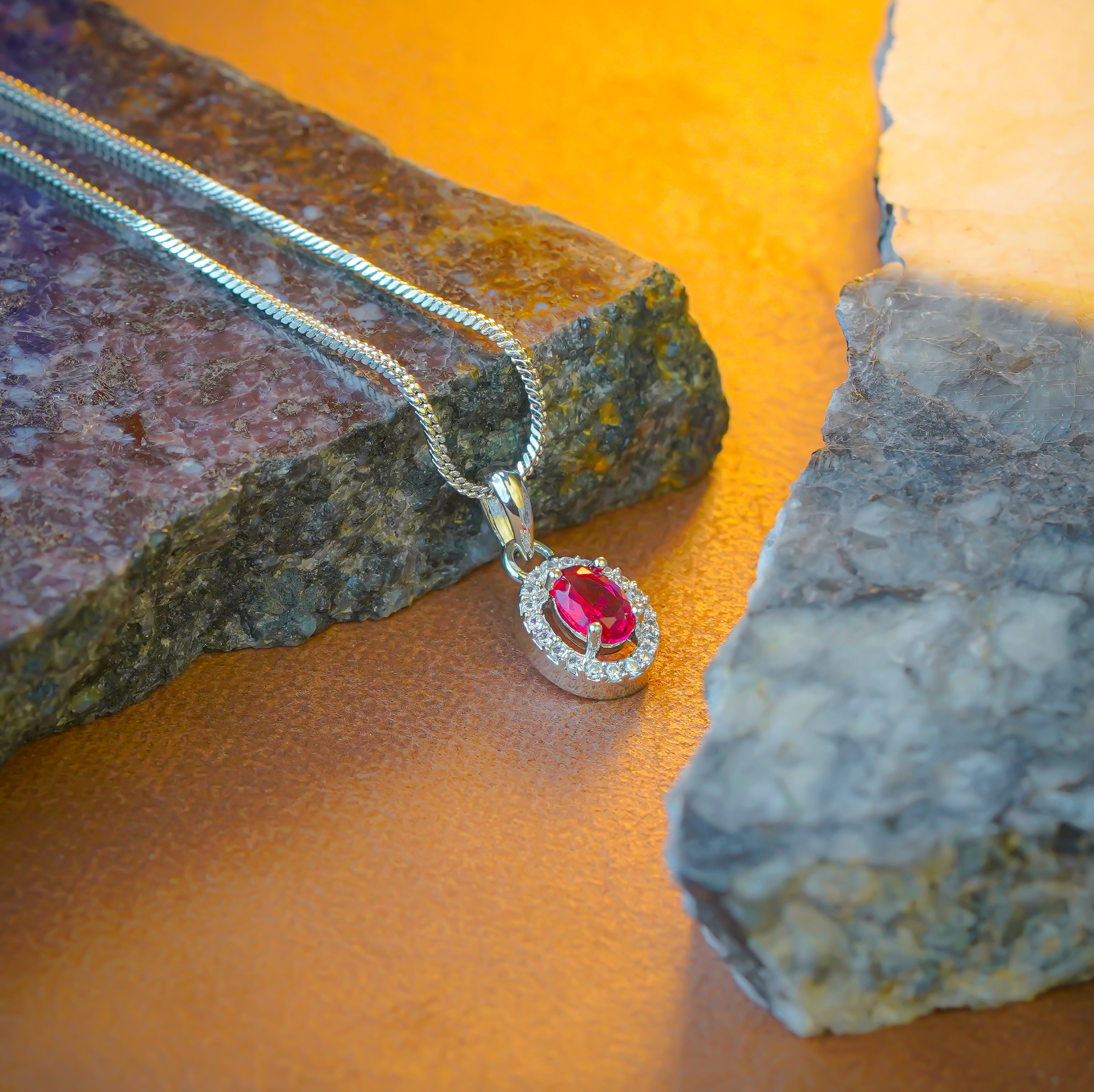 SELAYA Ruby Red Oval Crystal Pendant Set with Earrings and Ring